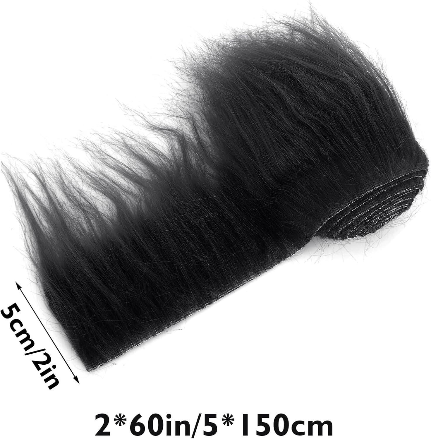 Tiras precortadas de tela de piel sintética de felpa lanuda de 2 x 60 pulgadas, piel negra mullida y esponjosa para gnomos, barba, Papá Noel, pelo