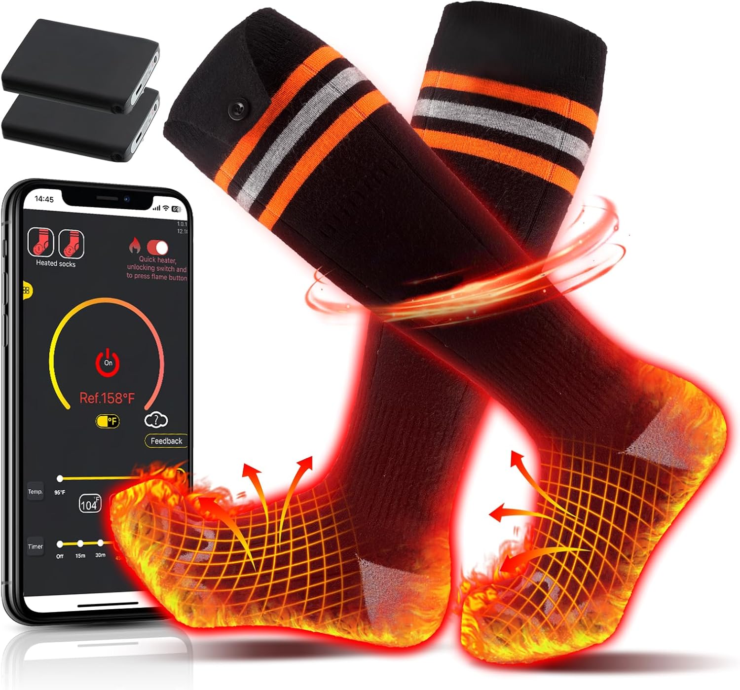 Calcetines térmicos para hombres y mujeres, 5 V 5000 mAh recargables lavables con batería con control de aplicación, calentador eléctrico de pies
