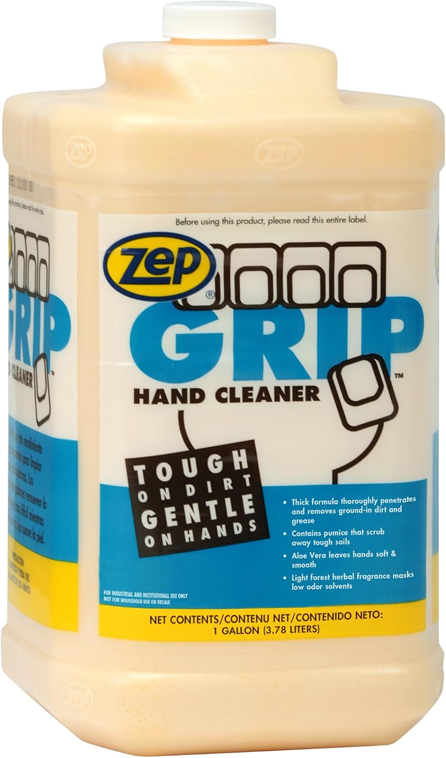 Zep Grip 308524 – Limpiador de manos industrial de piedra pómez – 1 galón (caja de 4) – Desengrasante resistente. Contiene aloe vera para un acabado