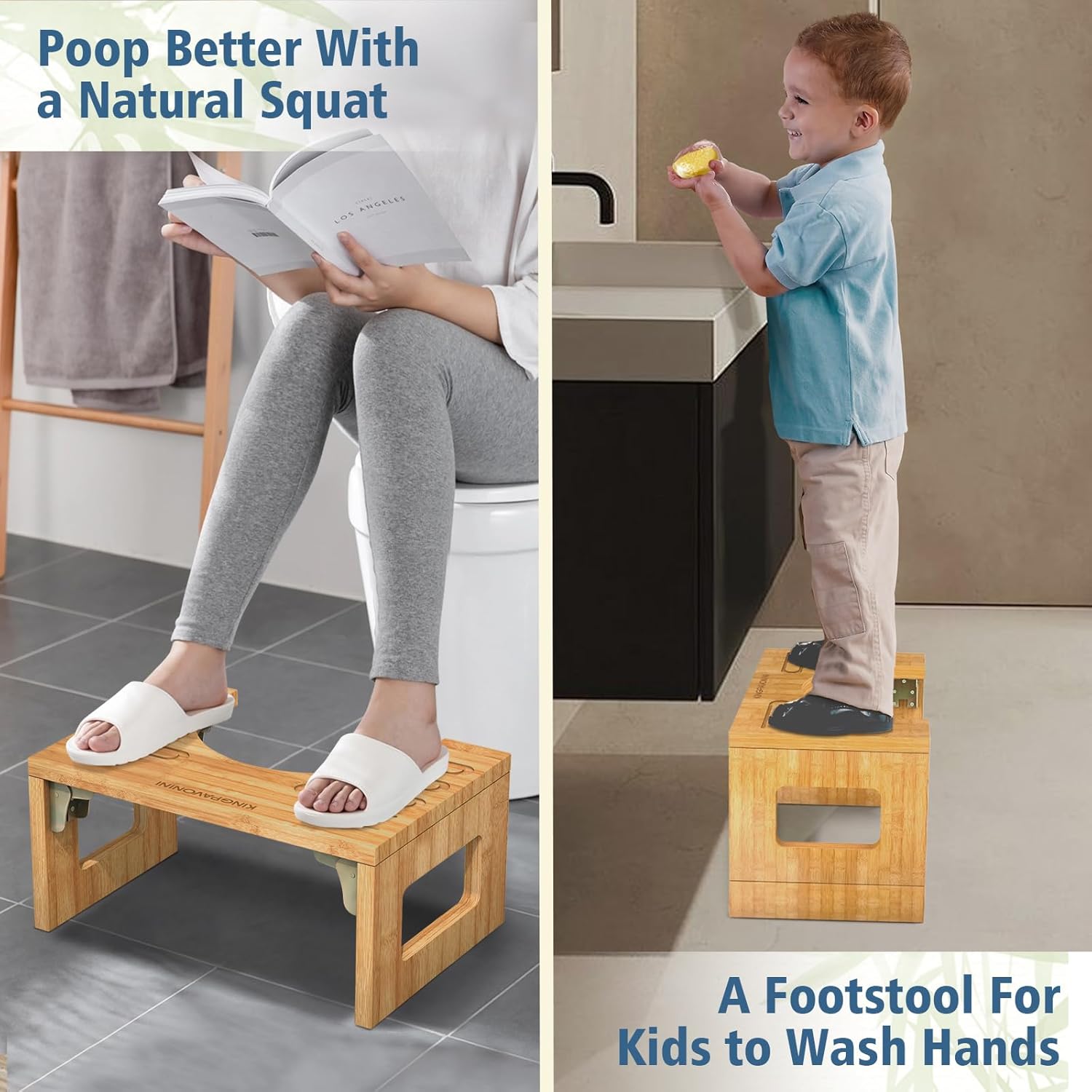 Taburete de inodoro de bambú de 7 pulgadas y 9 pulgadas de altura ajustable, taburete plegable para baño, adultos y niños, taburete para orinal con