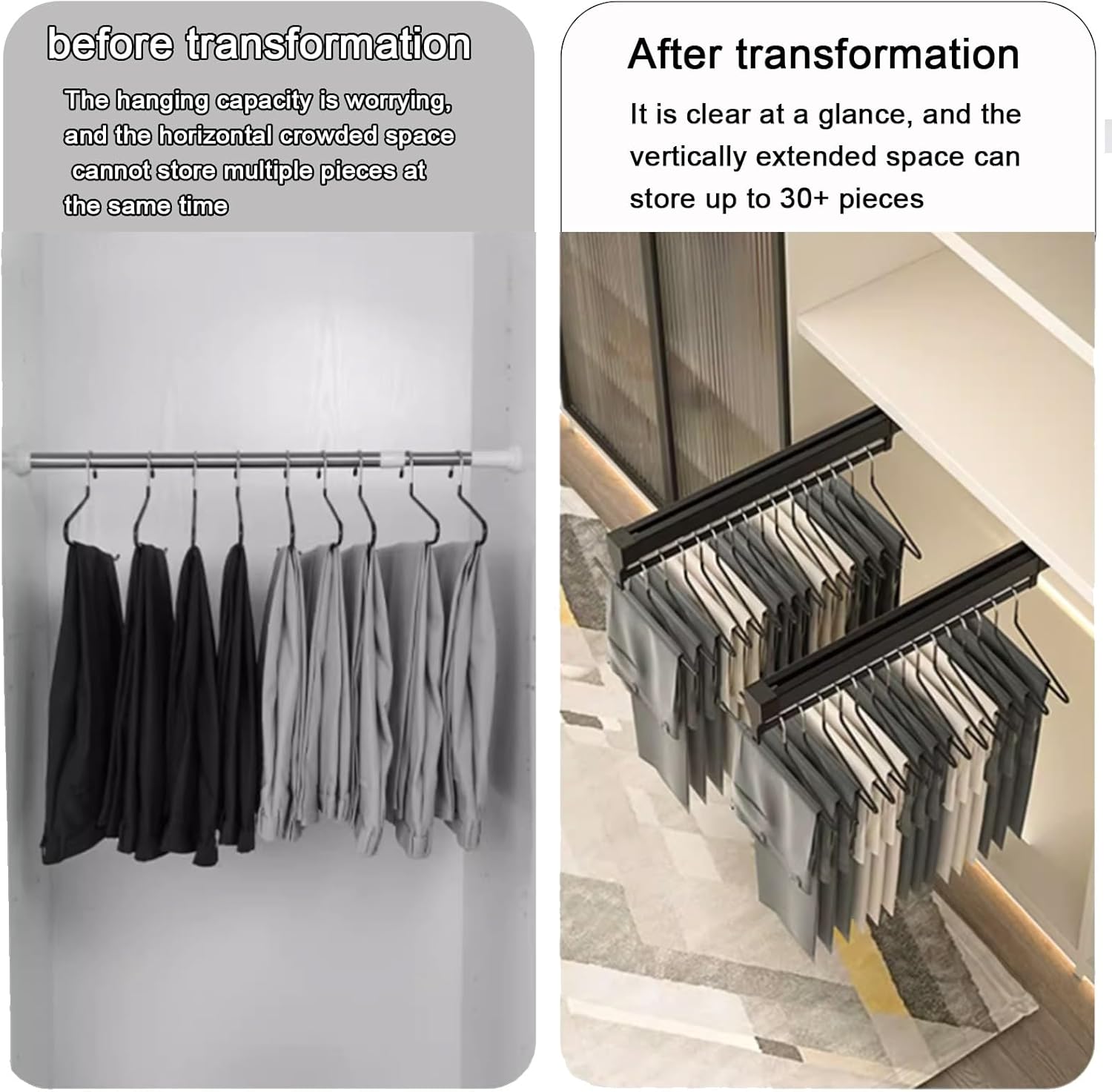 Barra de valet deslizante retráctil, Rodamiento de 55.1 lbs Barra de armario extraíble, Estante de pantalones organizador de aleación de aluminio,