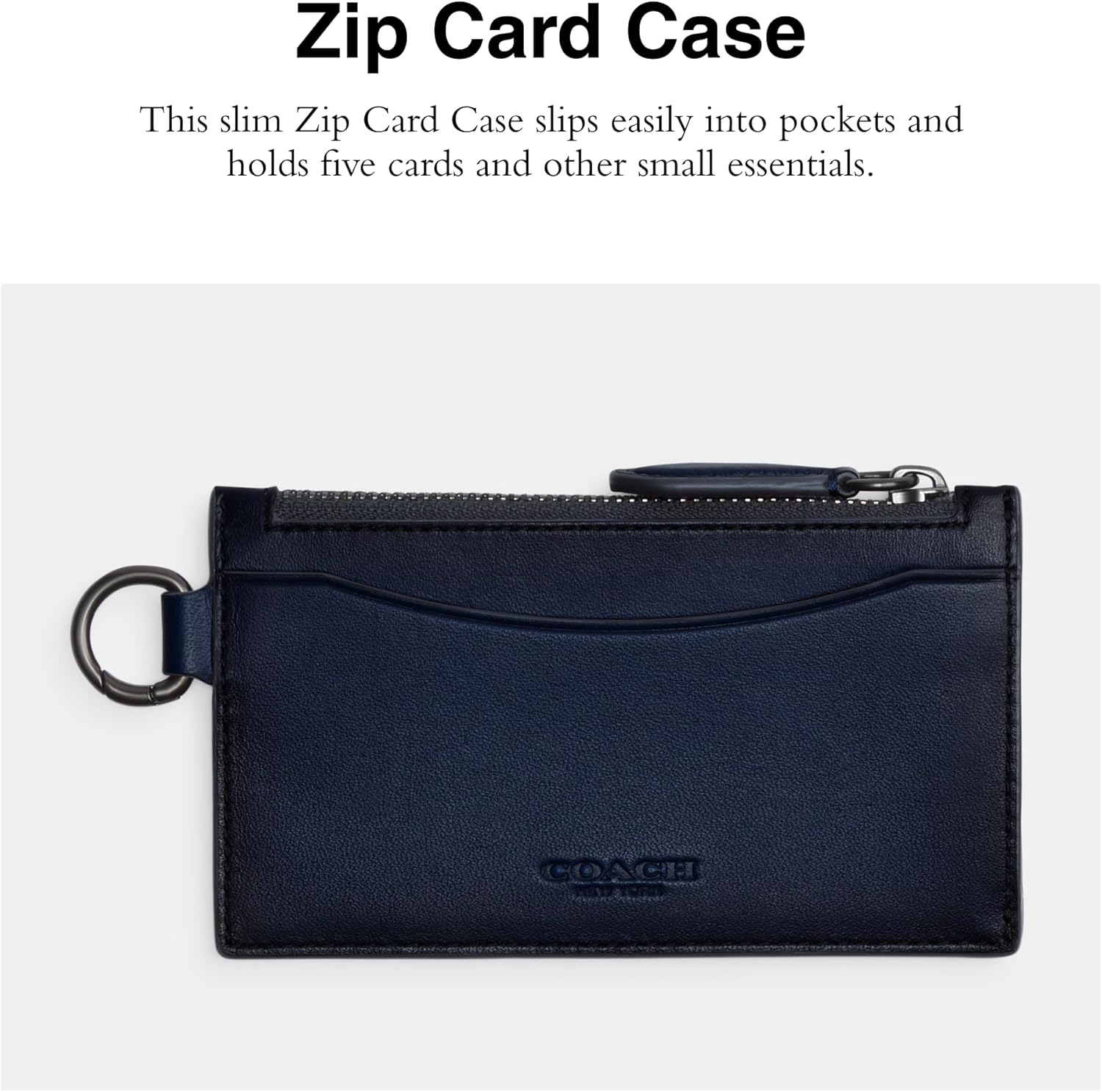 Coach Tarjetero con cremallera para hombre en piel bruñida, Azul profundo, Estuche para tarjetas con cremallera en piel bruñida