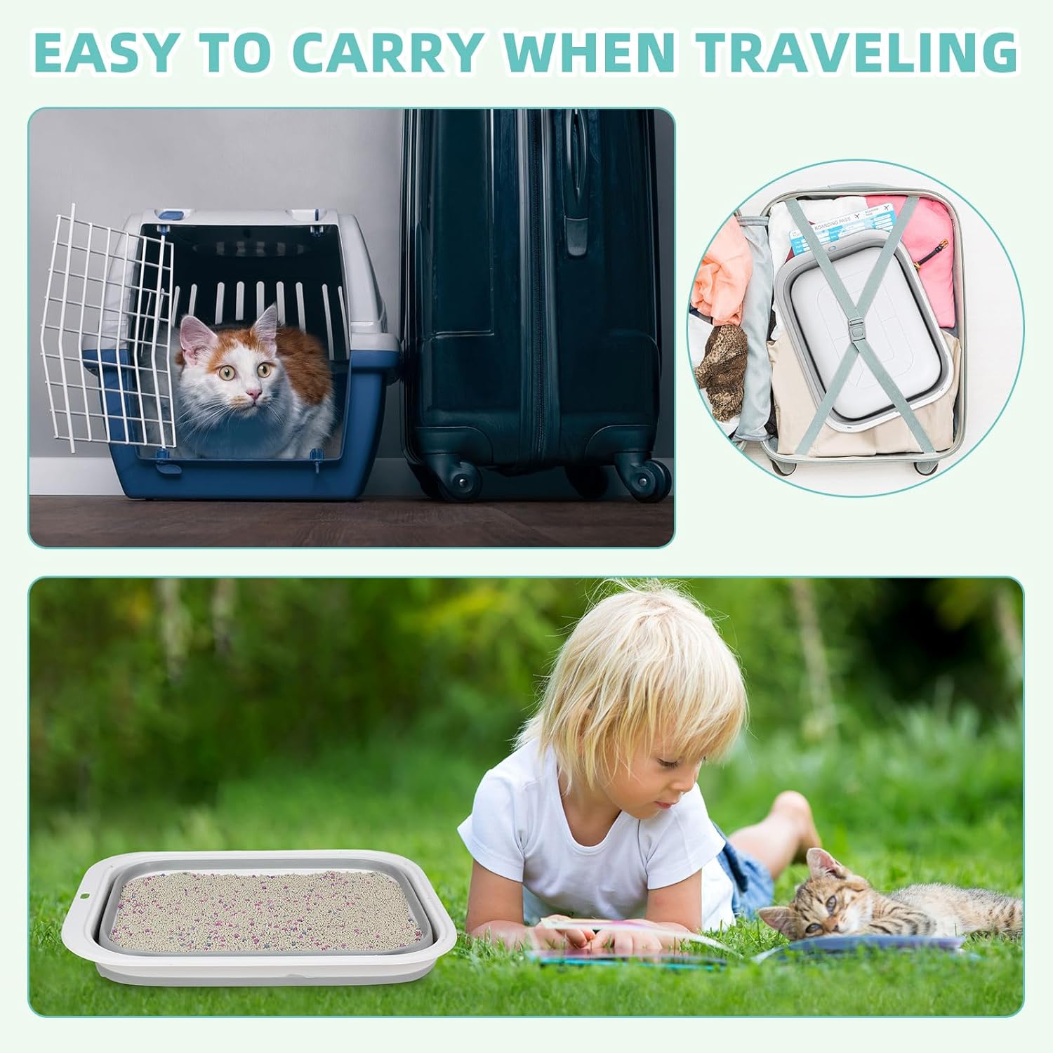 Mifoci 3 cajas de arena plegables para gatos de 17.7 x 13.4 pulgadas con cuchara, caja de arena pequeña plegable para gatos, bandeja