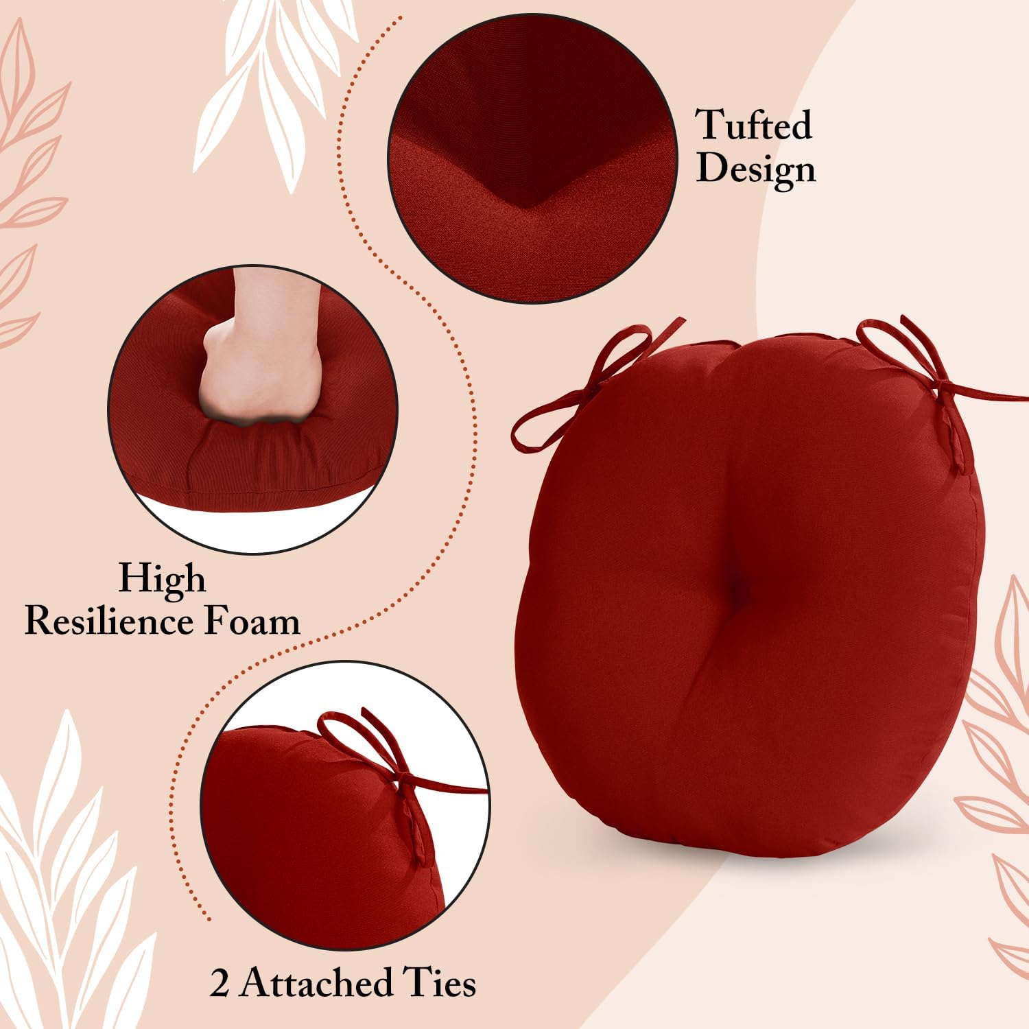 LOVTEX Bistro – Juego de 2 cojines redondos para sillas de exterior de 15 pulgadas, impermeables, redondos, con lazos, color rojo ladrillo, cojines