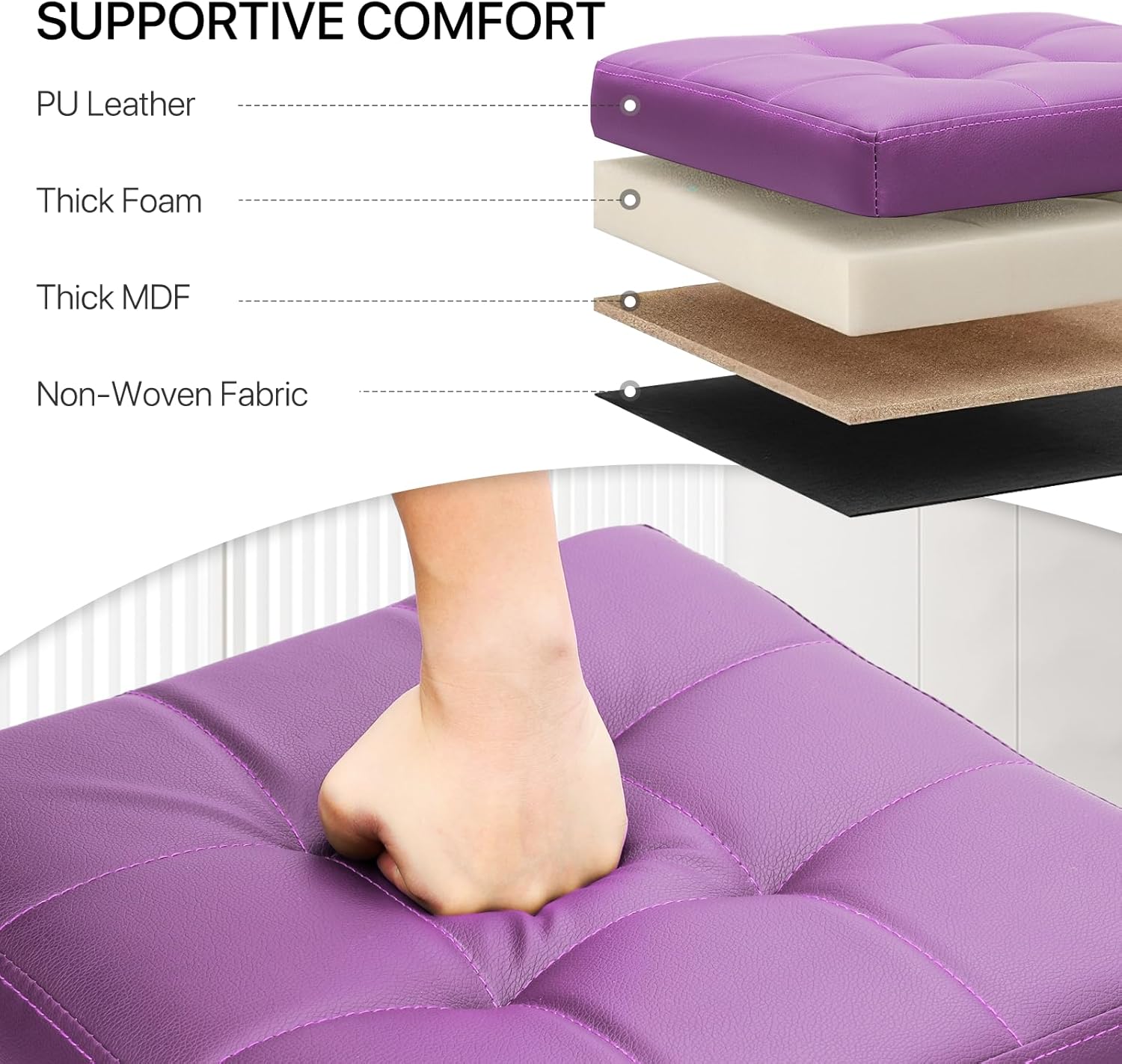 MoNiBloom Otomana pequeña con almacenamiento, moderna de 15.5 pulgadas, de piel sintética, color morado, con tapa abatible, reposapiés con tapa con