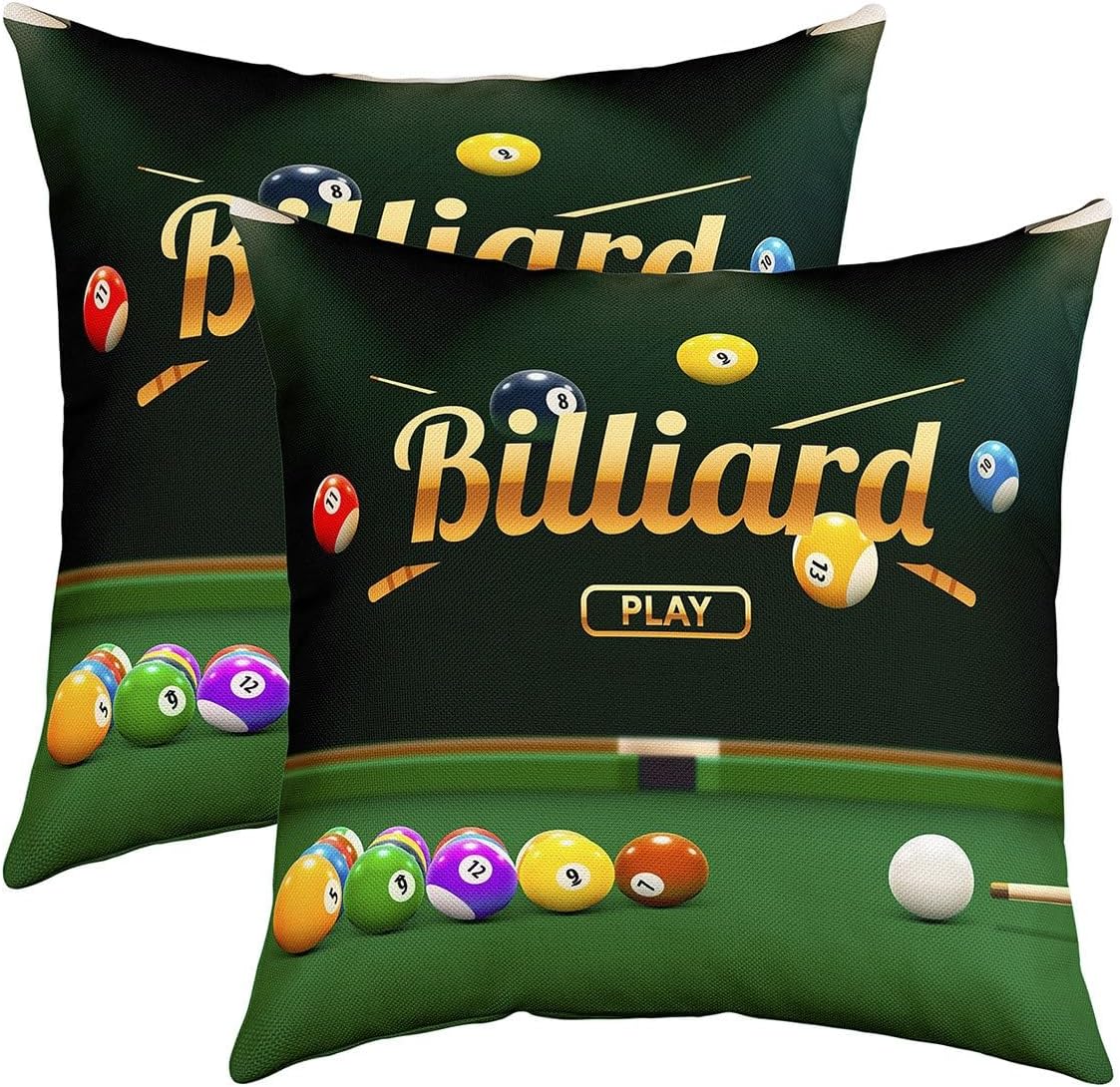 Juego de 2 fundas de almohada de billar 3D para sofá, cama, para niños, amantes de los juegos de pelota, fundas de cojín coloridas de 18 x 18