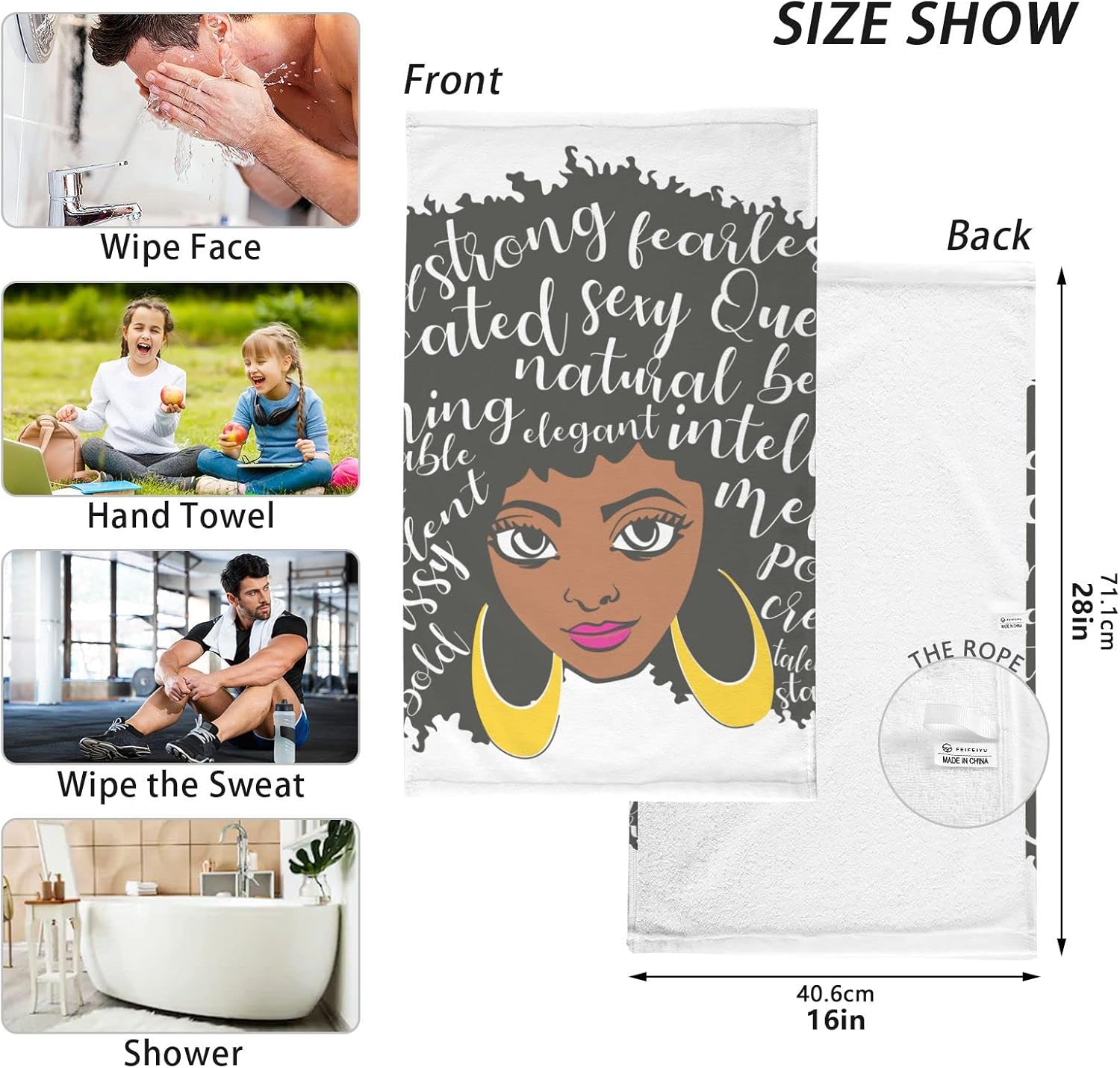 ALAZA Afro Girl – Toallas de mano afroamericanas para baño, 10% algodón, 2 toallas faciales de 16 x 28 pulgadas, absorbentes, suaves y agradables al