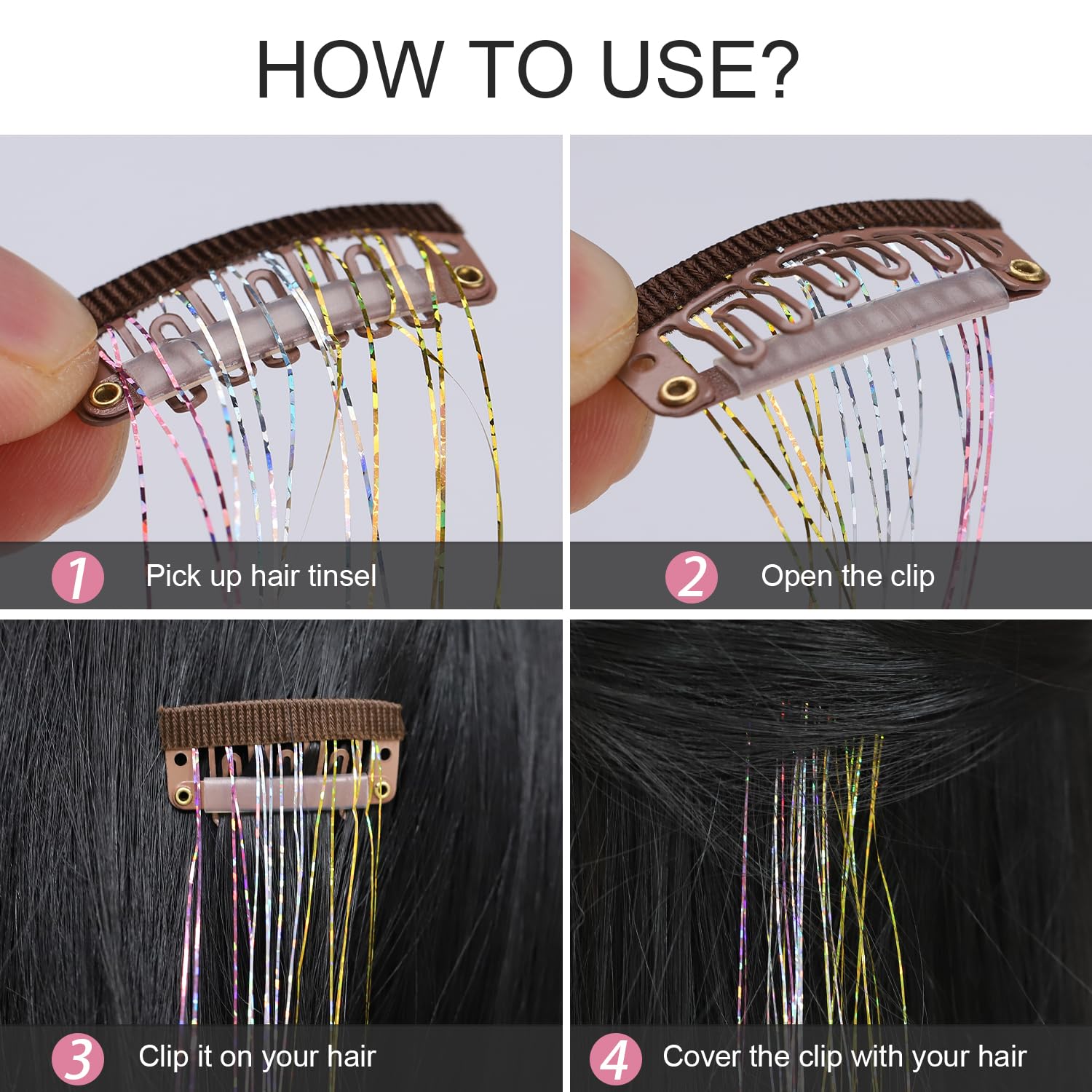 COSHONWOL – 6 clips de oropel para el cabello, kit de oropel con clip de 19.6 pulgadas, kit de oropel con purpurina, accesorios para fiestas de