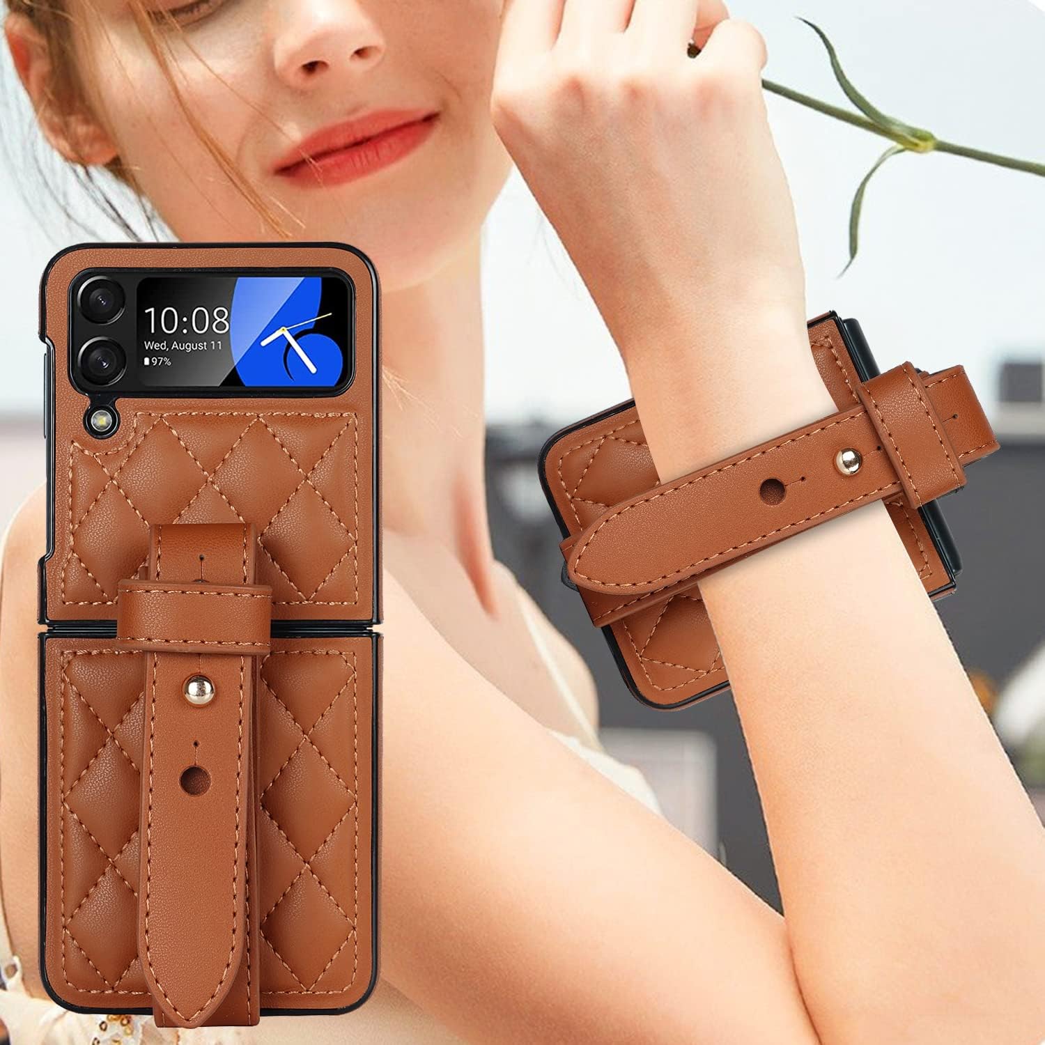 Asuwish Funda de teléfono para Samsung Galaxy Z Flip 4 5G 2022 con correa para la muñeca, delgada, delgada, a prueba de golpes, carcasa dura, de