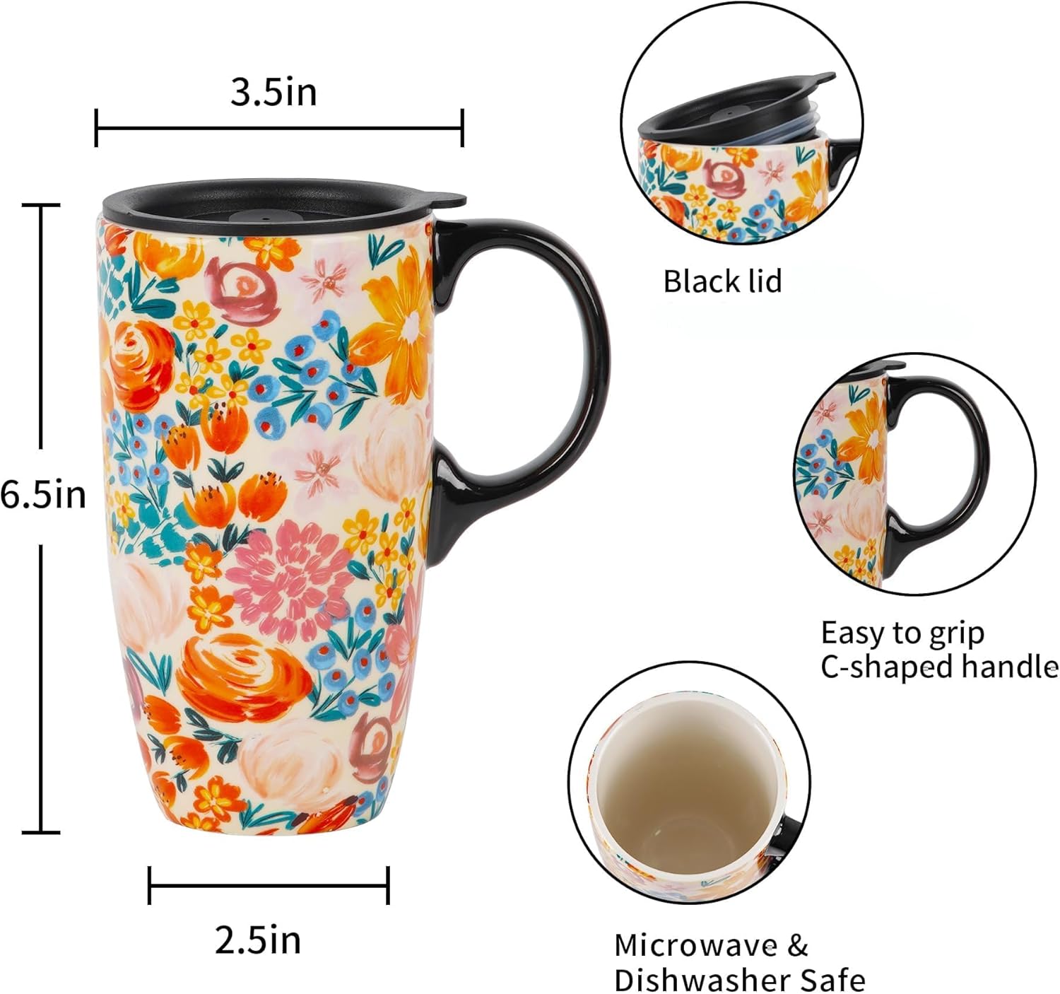 Topadorn Taza de viaje de cerámica de 17 onzas con tapa deslizante y asa resistentes a las salpicaduras, taza de café de cerámica grande para