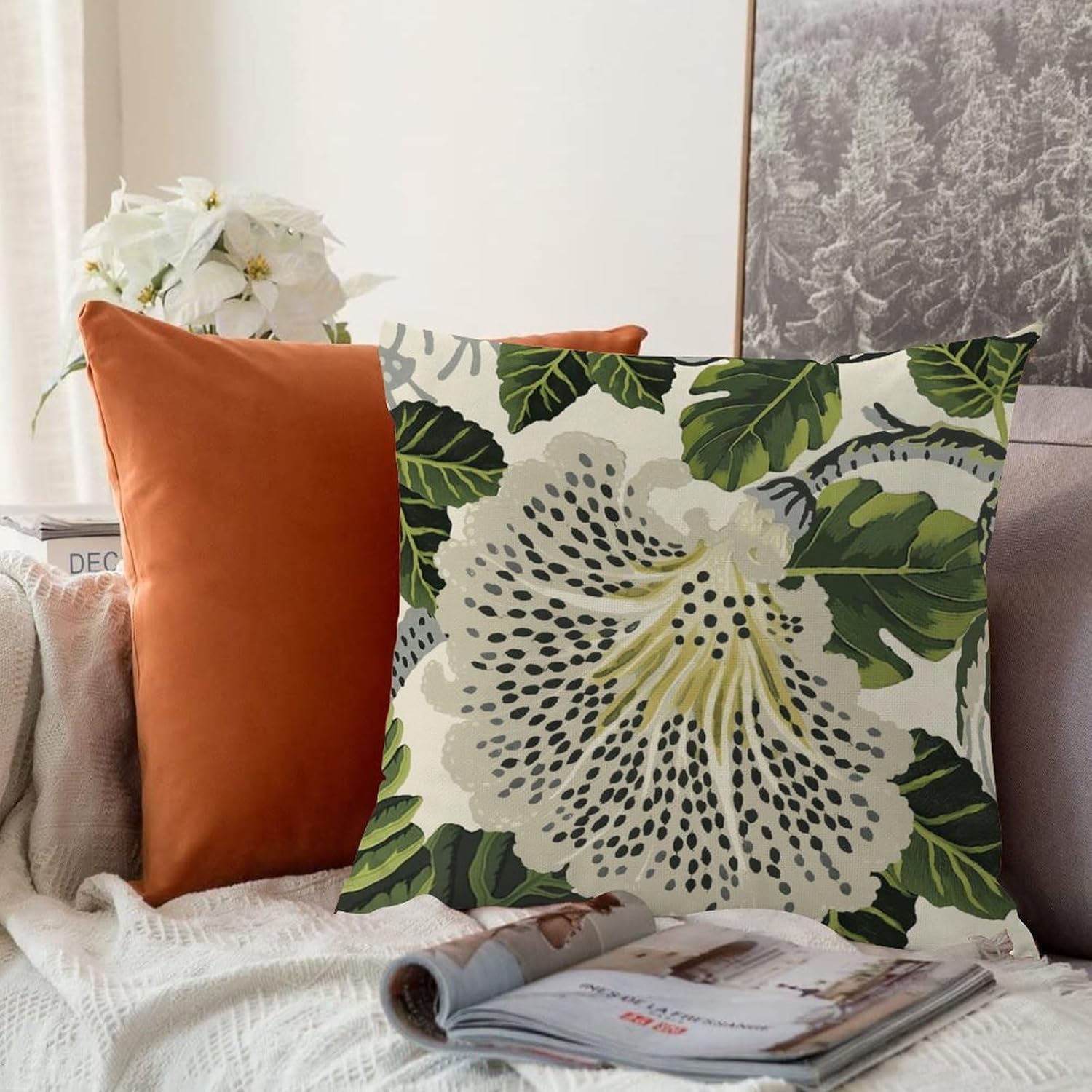 Funda de cojín de lino de estilo chinoiserie verde turquesa con cremallera de 18 x 18 pulgadas, fundas de almohada para sala de estar, dormitorio,