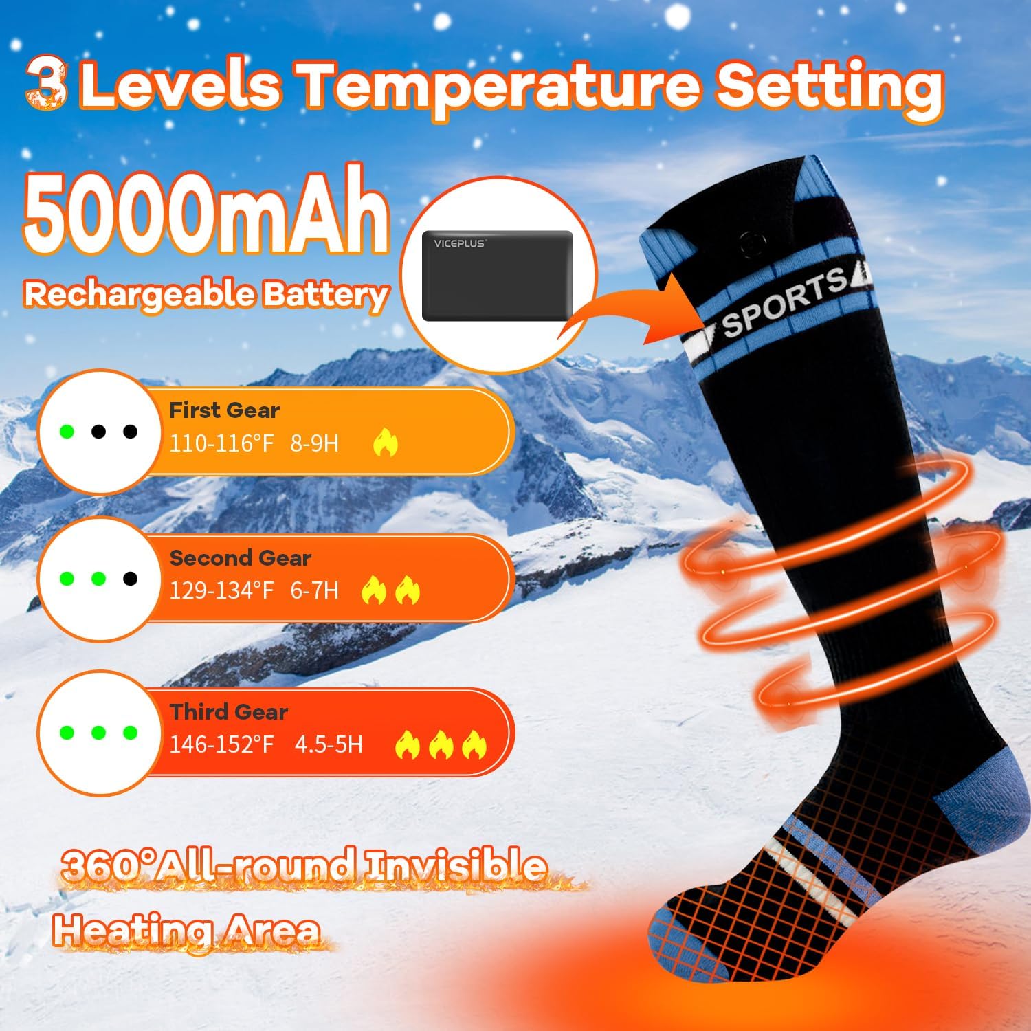 VICEPLUS Heated Socks for Men Electric Women Electric Socks for Men Rechargeable 5000mAh*2 Batteries Warm Socks APP Control Thermal Socks Washable