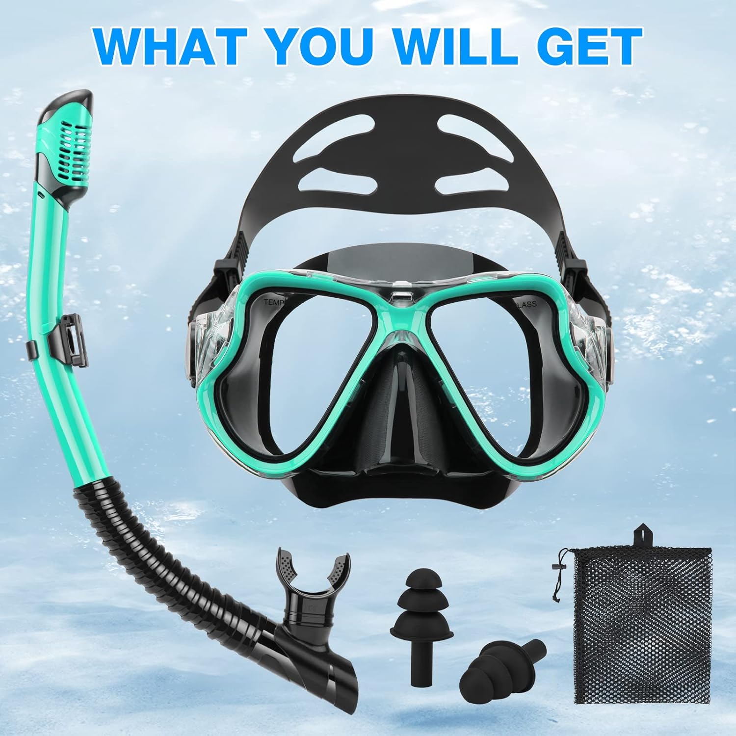 PIYAZI Snorkeling Gear for Adults Kids, Dry Snorkeling Set, Panoramic Anti-Leak and Anti-Fog Tempered Glass Lens, Adjustable Strap Snorkel Set with