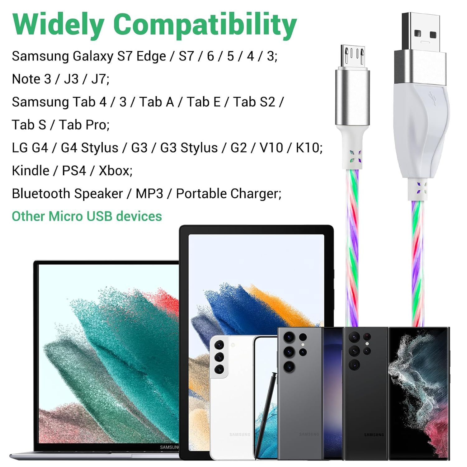 Aolcev Cable USB-A a Micro USB, cable de carga rápida brillante de 5 pies, cable de carga de velocidad de transferencia de 480 Mbps, cable micro USB