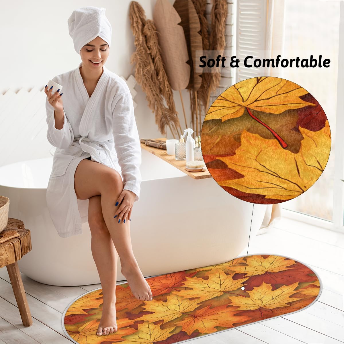 cfpolar Autumn Maple Leaf Pattern Bathroom Rugs Non-Slip Bath Rug Microfiber Bath Mat Absorbent Kitchen Mats and Rugs Machine Washable Oval Plush