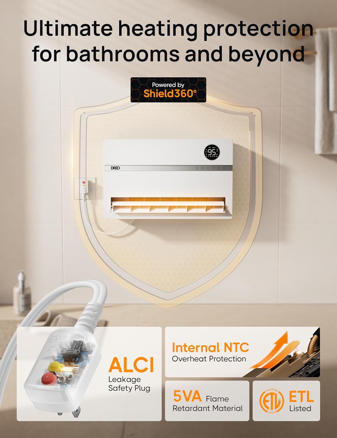 Dreo Calentador de pared para baño, calentadores de espacio inteligentes con enchufe ALCI, 1500 W, oscilación vertical de 120, termostato ajustable,