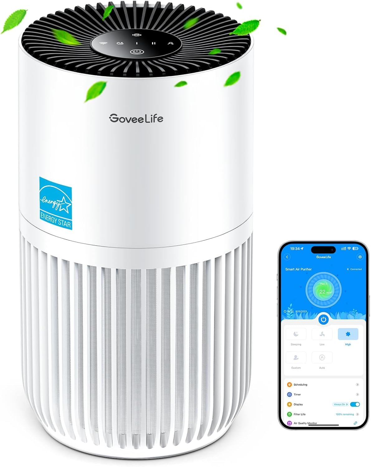 GoveeLife Mini purificador de aire para dormitorio, filtro inteligente HEPA purificador de aire con aplicación Alexa Control para pelo de mascotas,