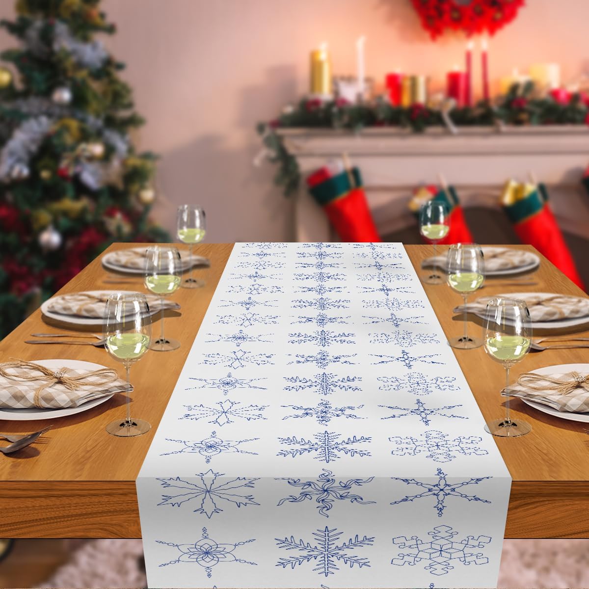 Camino de mesa de Navidad con copos de nieve para decoración de mesa de comedor, camino de mesa de Navidad para fiesta, boda, despedida de soltera,