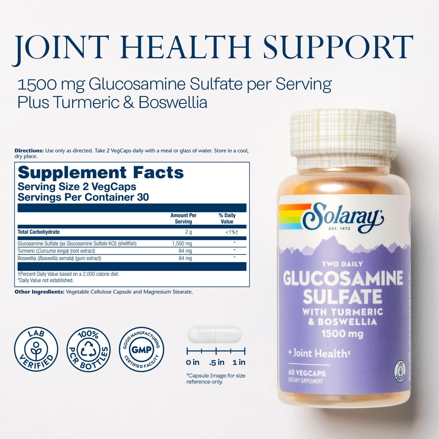 SOLARAY Sulfato de glucosamina de 1500 mg, suplemento de apoyo saludable para las articulaciones, potente fórmula de tejido conectivo y salud