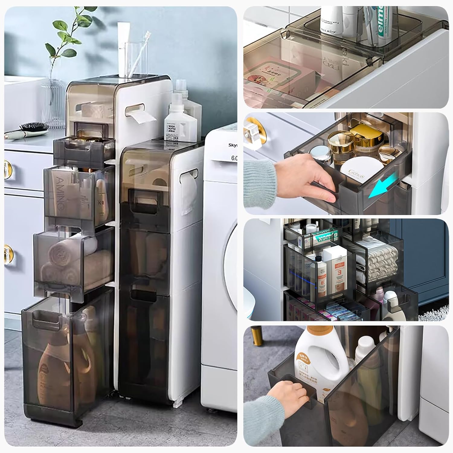Organizador de armario de suelo de baño, soporte de papel higiénico de 4 niveles y tendencia de almacenamiento, gabinete de almacenamiento estrecho