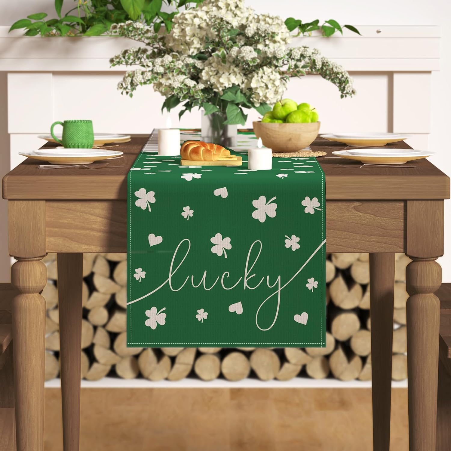 Camino de mesa del día de San Patricio, camino de mesa de trébol de la suerte verde para cocina, comedor, decoración de primavera del día de San
