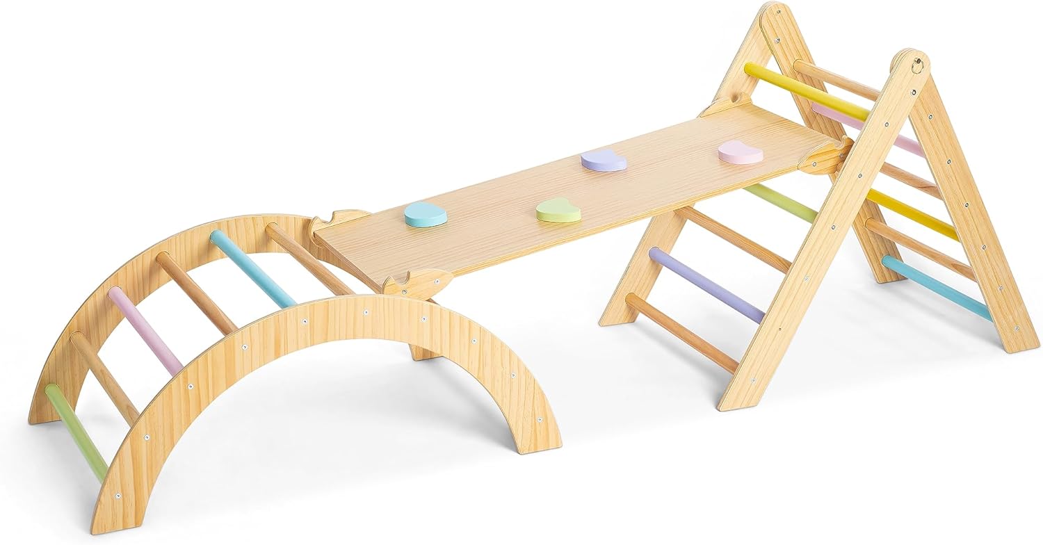 Avenlur Cedar – Juego de gimnasio 5 en 1 para interiores, juego de escalada Montessori con arco, escalera triangular ajustable, rampa de escalada,