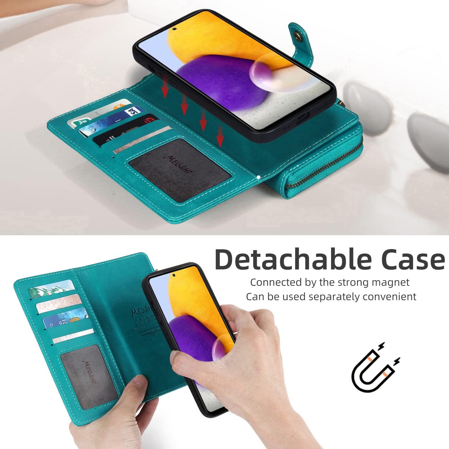 Compatible con Samsung Galaxy A32 5G 2021 6.5 pulgadas Funda tipo cartera con soporte de correa de hombro multifunción 2 en 1 cubierta magnética