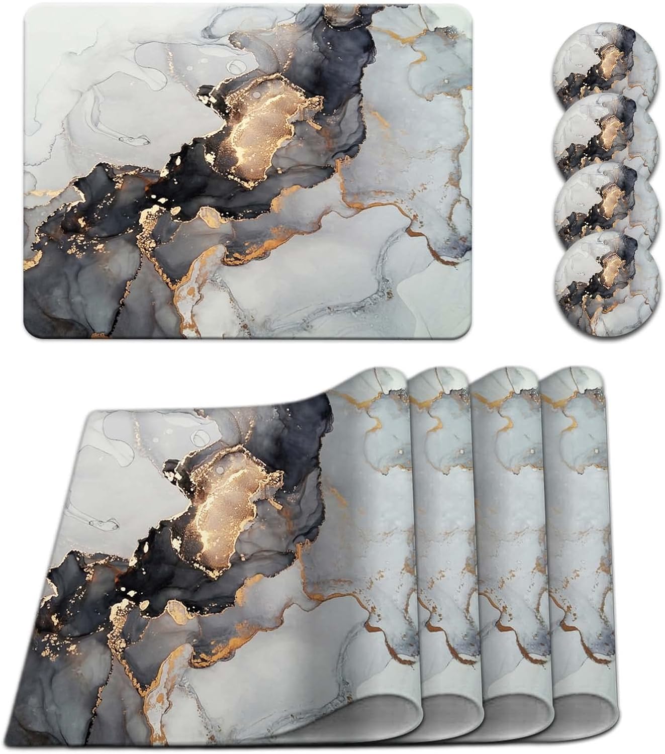 Lnond Juego de 4 manteles individuales de cuero de mármol negro con posavasos, lavables, resistentes a las manchas de calor, lavables para