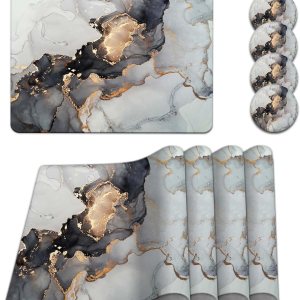 Lnond Juego de 4 manteles individuales de cuero de mármol negro con posavasos, lavables, resistentes a las manchas de calor, lavables para Lnond Juego de 4 manteles individuales de cuero de mármol negro con posavasos, lavables, resistentes a las manchas de calor, lavables para