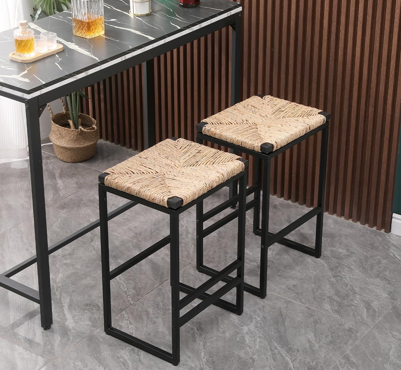 Taburetes de bar de altura de mostrador, taburetes de barra de 25 pulgadas, taburetes de bar tejidos de jacinto de agua, juego de 2, silla de isla