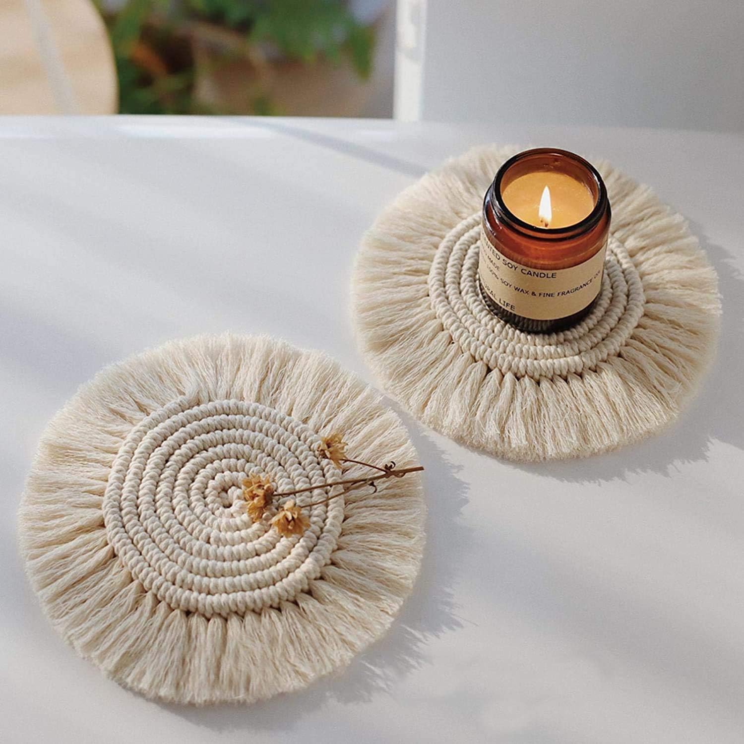 Posavasos de macramé hechos a mano para bebidas, juego de 2, posavasos redondos de algodón tejido absorbente, resistentes al calor, manteles de