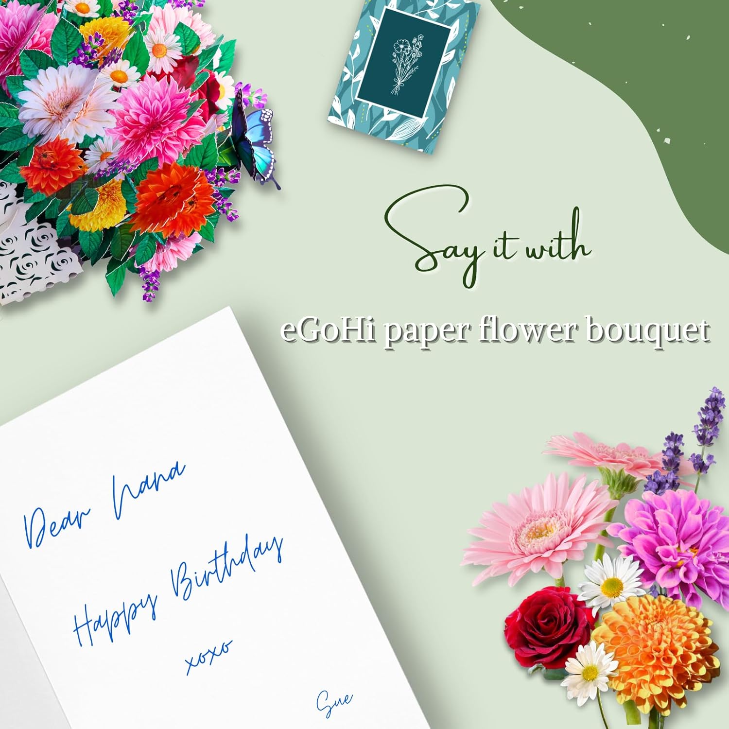 Tarjeta grande de papel con cesta de flores, tarjetas desplegables, 10 pulgadas con tarjeta de notas y sobre – Picnic por la tarde