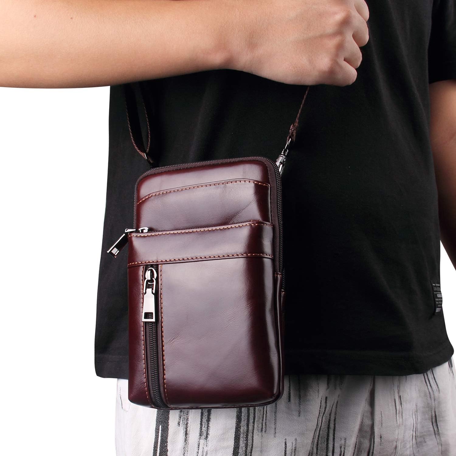 Funda de cuero genuino para cinturón vertical para teléfono inteligente, soporte para teléfono celular, funda con tapa, bolso de mensajero de viaje