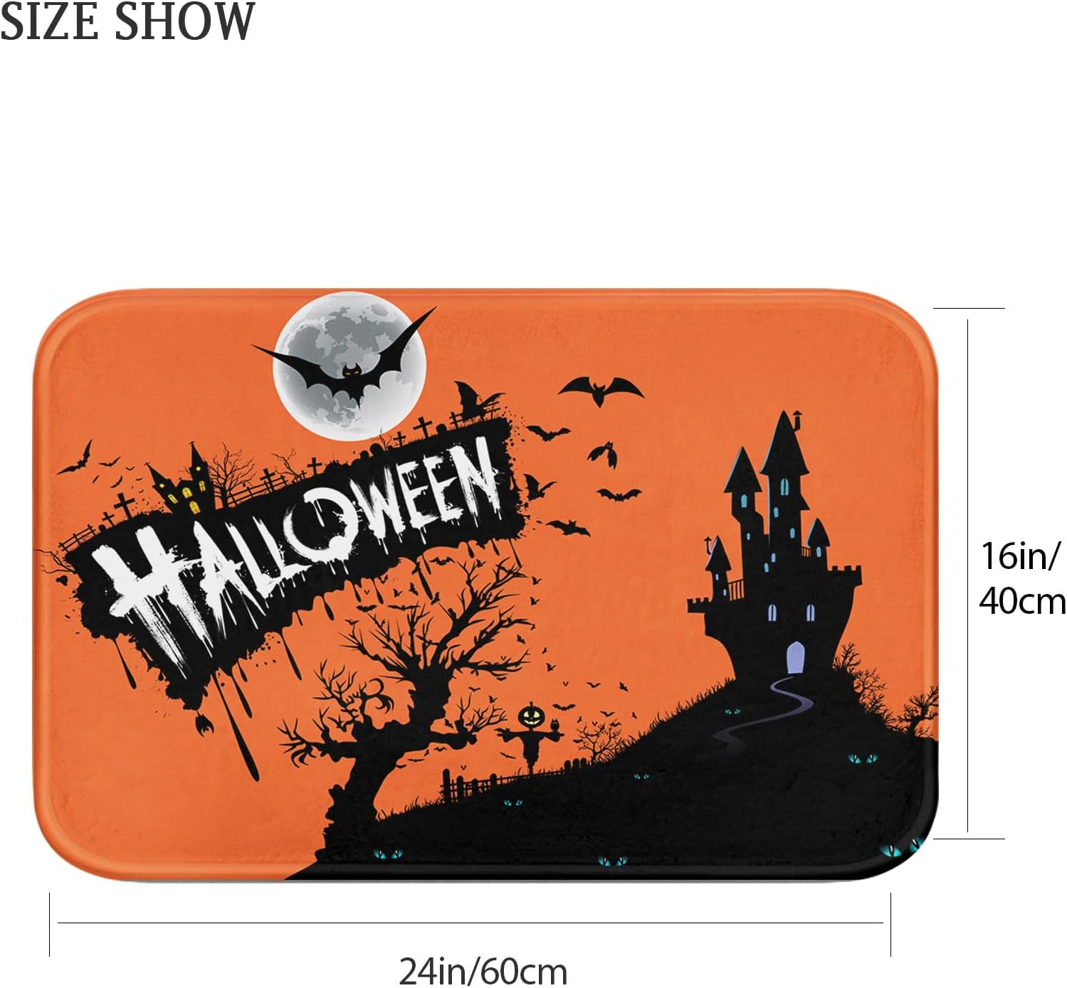 Britimes Tapete de baño de Halloween para baño, castillo bajo tumbas nocturnas naranjas, tapete de baño antideslizante, tapete de piso de 16 x 24