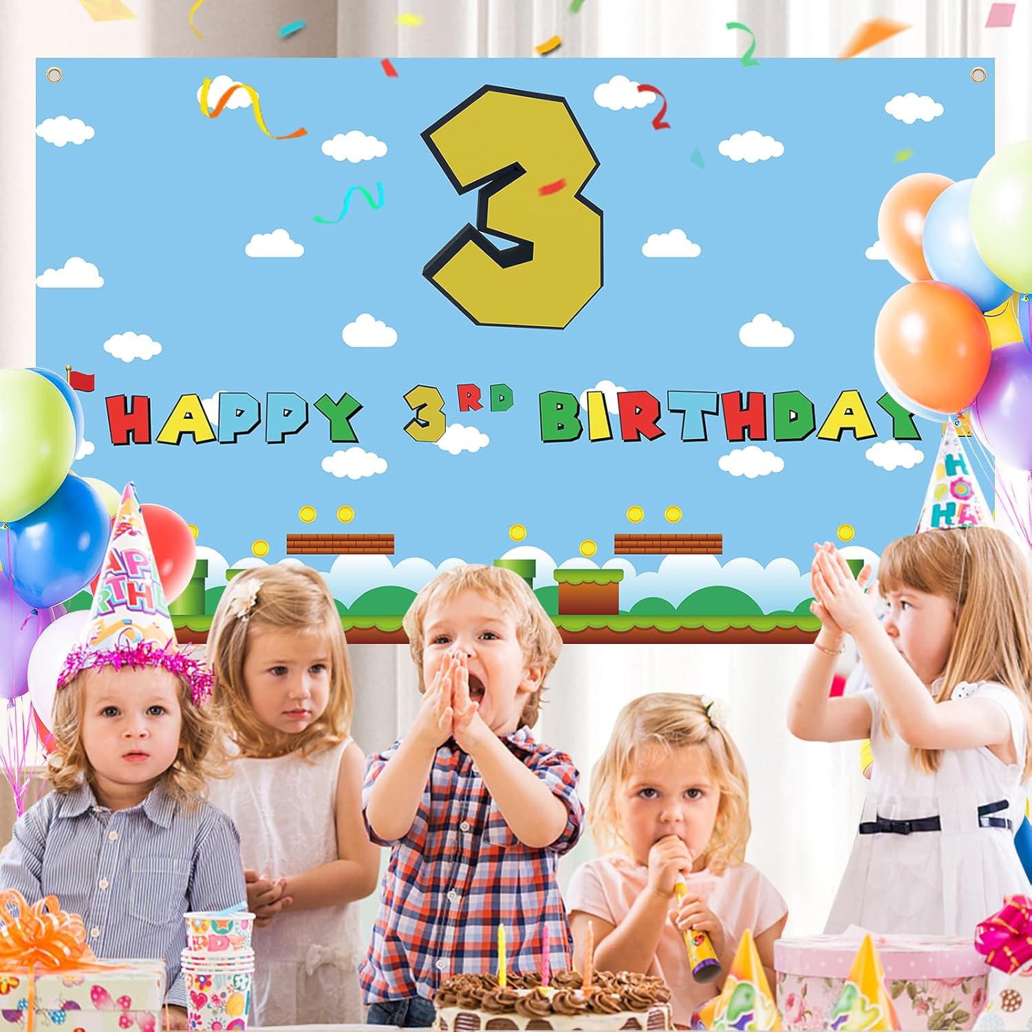 Cartel de tercer cumpleaños de Super Brother, telón de fondo de cumpleaños de videojuegos para niños y niños, suministros de decoración de fiesta de
