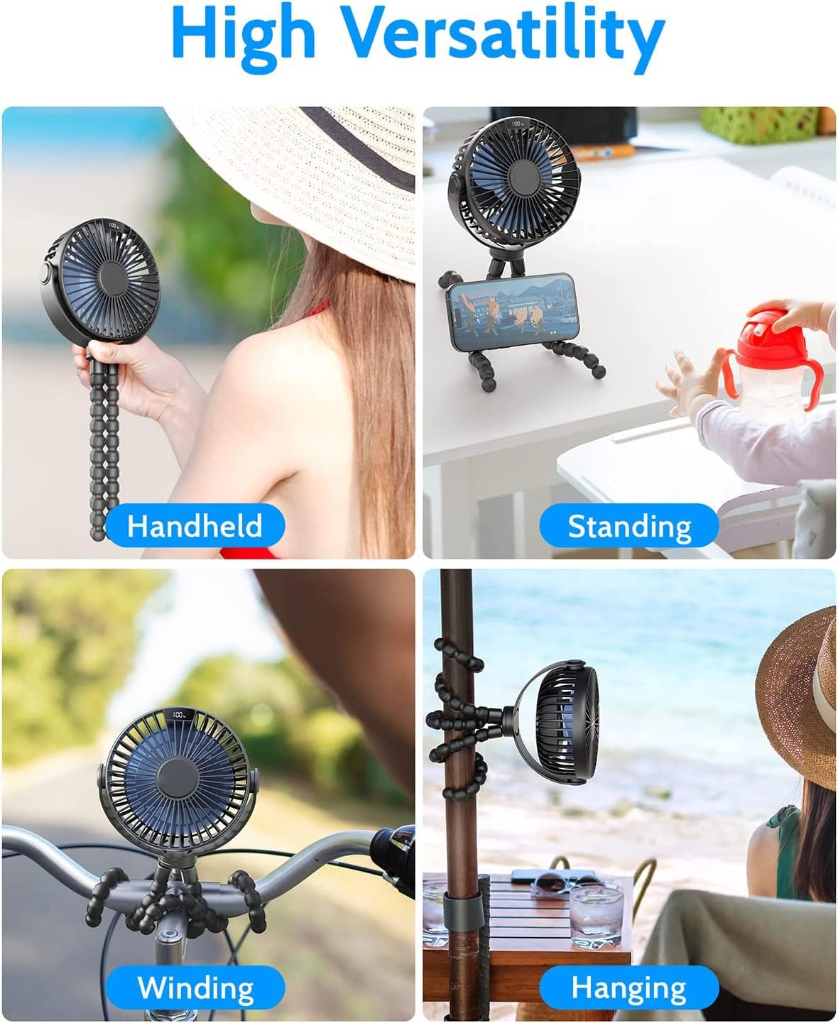 Ventilador portátil para cochecito de bebé, batería recargable con pantalla LED, potente ventilador de clip, trípode de pulpo, ventilador personal