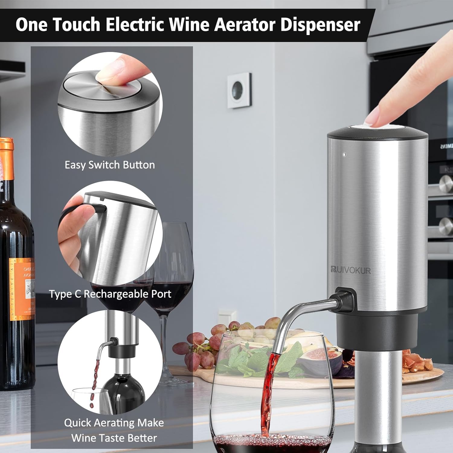 RUIVOKUR Juego de abridor de vino eléctrico, abridor automático de vino y aireador, juego 6 en 1 recargable, abridor de botellas de vino eléctrico,