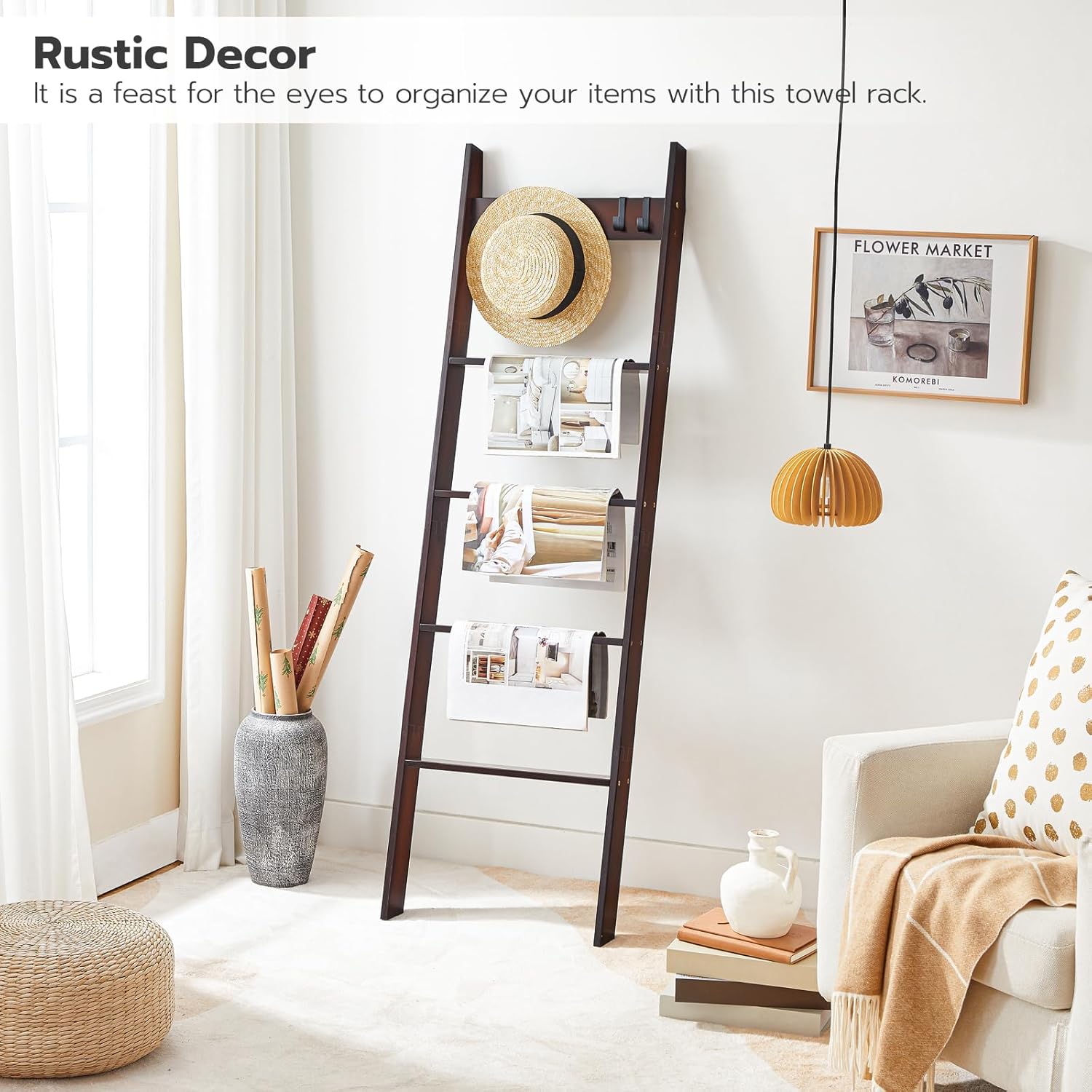 Escalera para manta para sala de estar y dormitorio, toallero de pared de 5 niveles para baño, estante decorativo de escalera con 4 ganchos