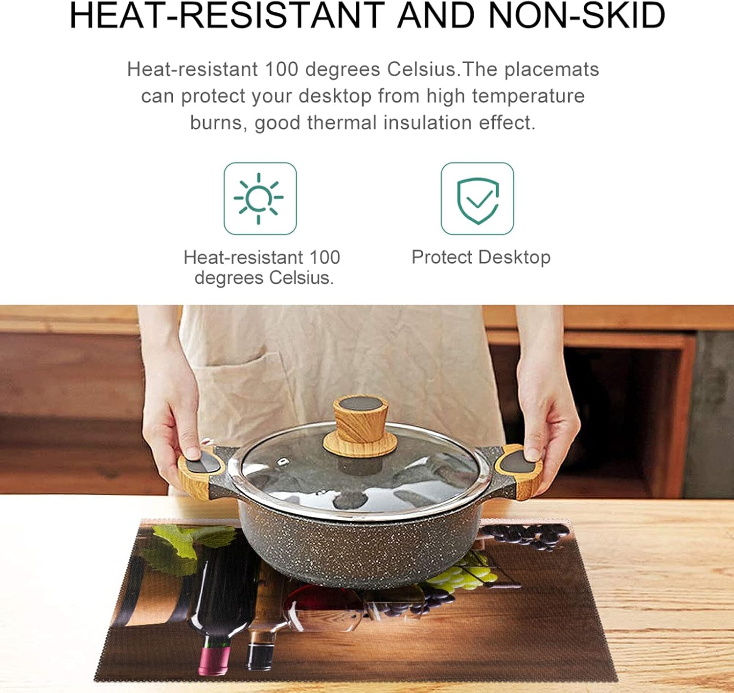 visesunny Juego de 4 manteles individuales con patrón de madera para copas de vino, uvas, manteles individuales antideslizantes para decoración de