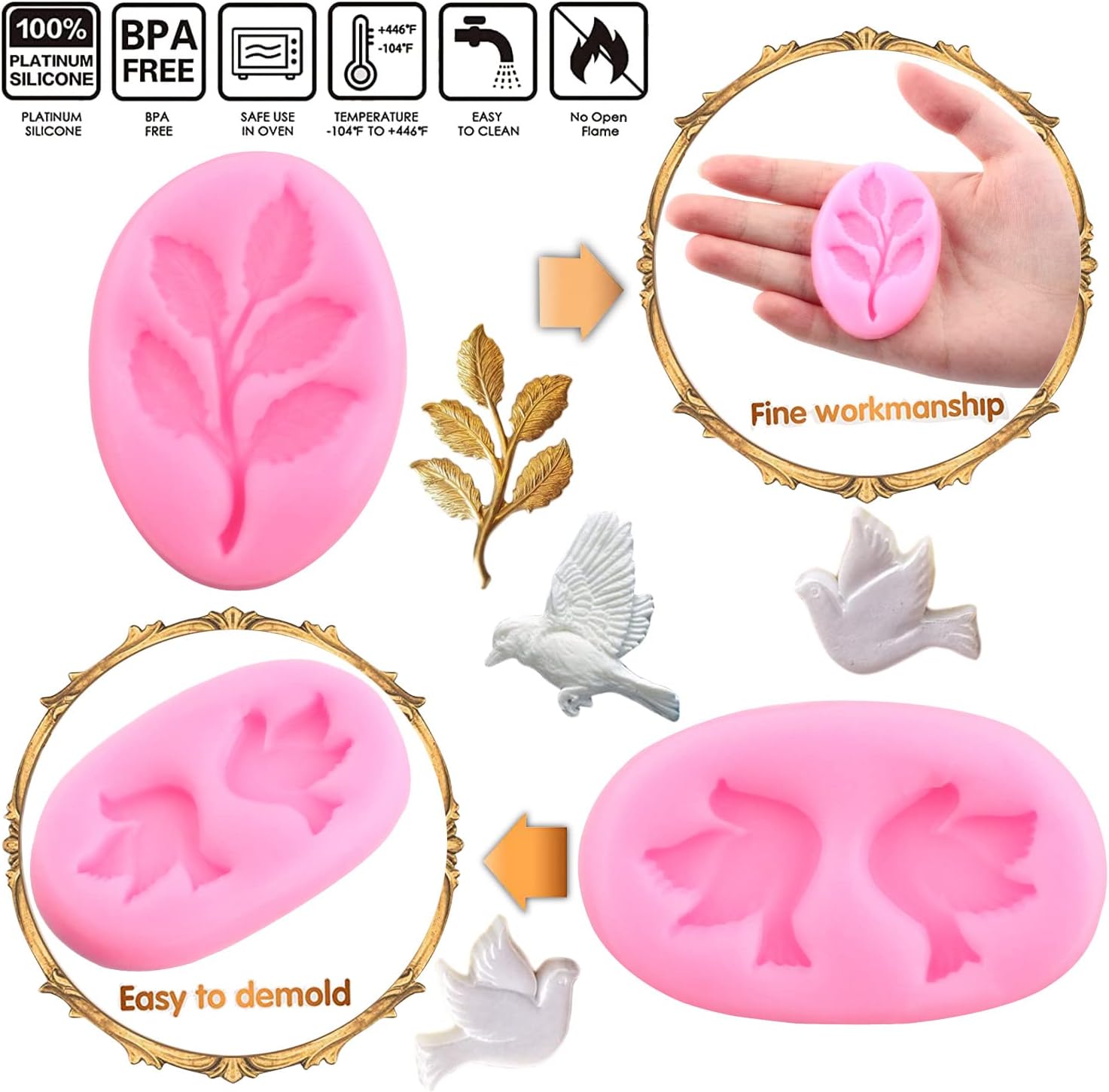 Mujiang Moldes de silicona para pájaros, ramas de árbol, moldes de fondant, paloma, pájaro, dulces, para decoración de pasteles, decoración de