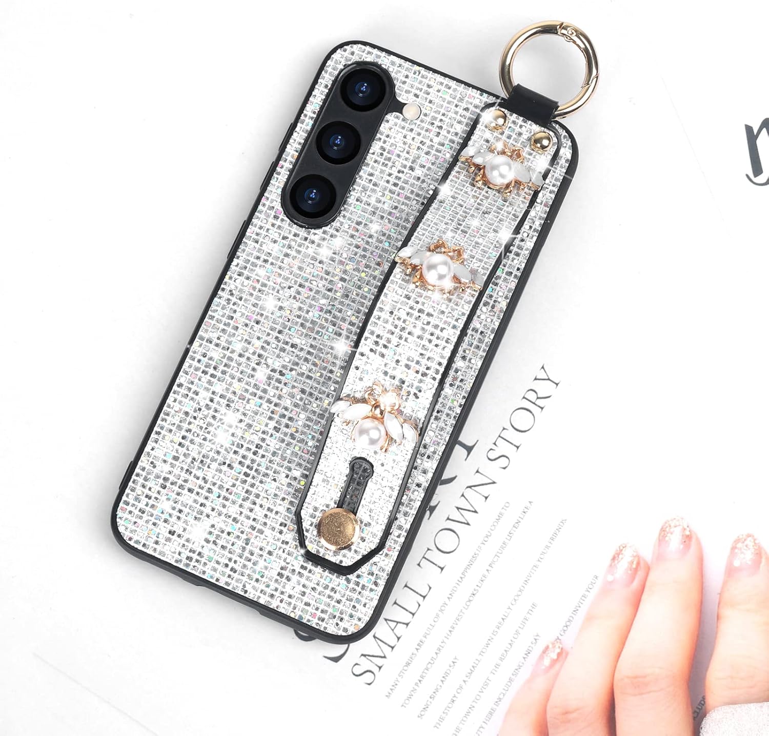 Guppy Compatible con Samsung Galaxy S23 Plus Bling Stand Case, Luxury Sparkle Bling Funda protectora con soporte y correa de mano, correa de muñeca