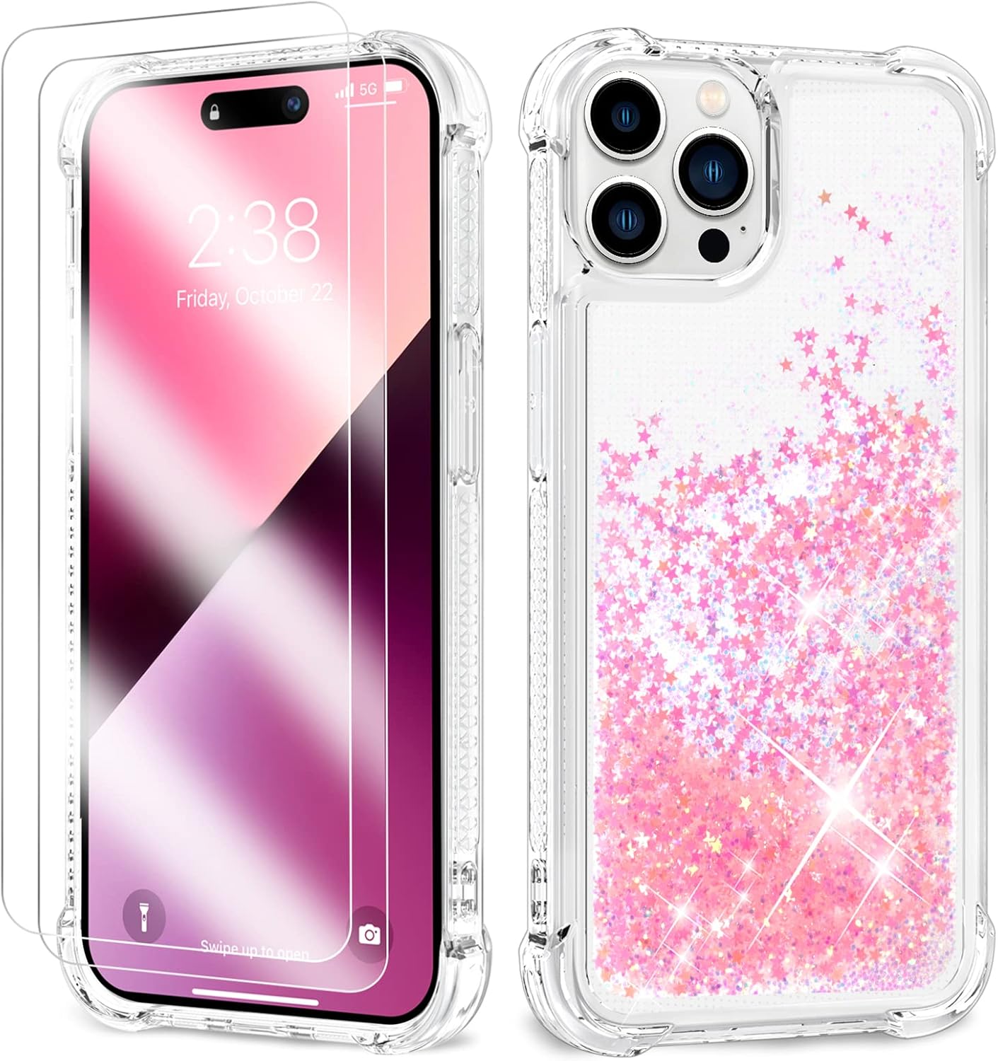 ANSHOW Funda para iPhone 13 Pro Max con purpurina, TPU transparente a prueba de golpes con 2 protectores de pantalla, purpurina rosa claro brillante