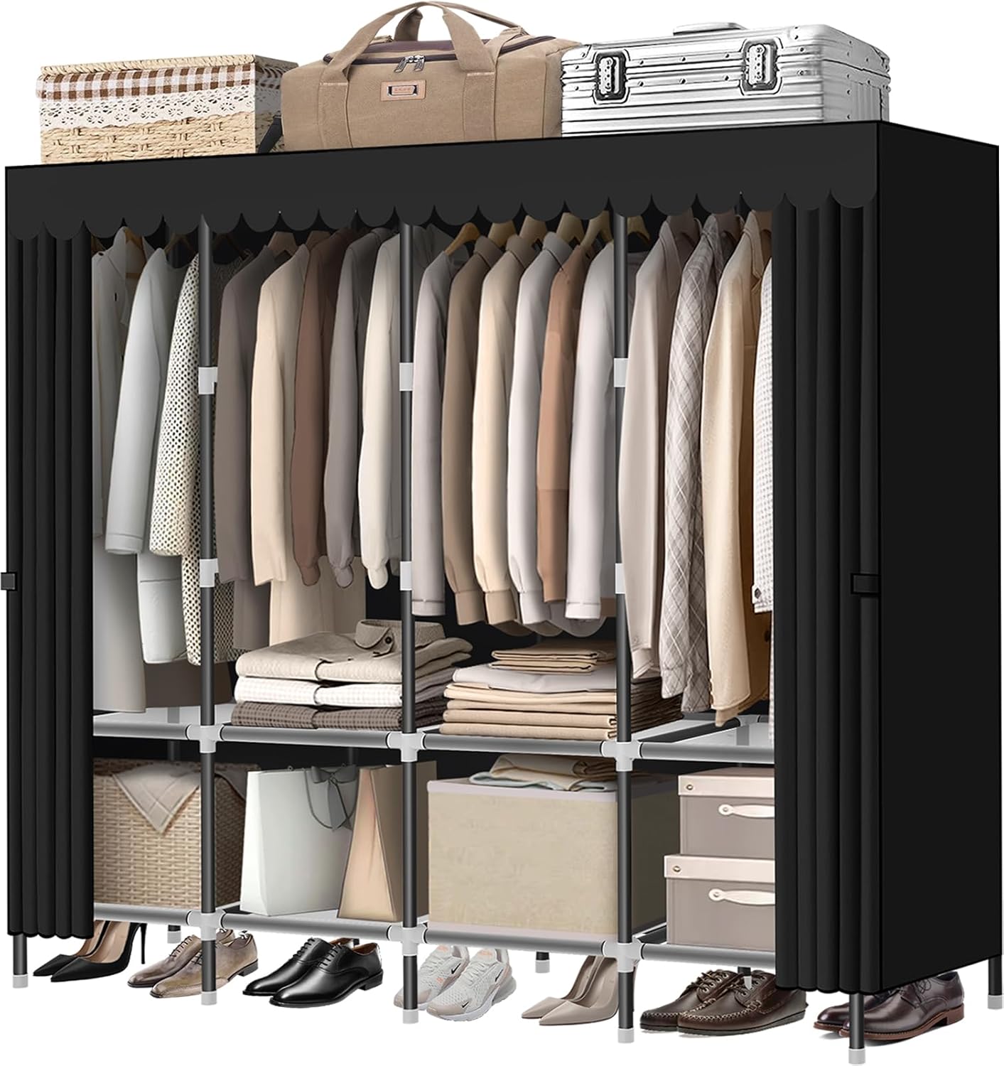 LOKEME Armario portátil negro con cremalleras, 65.4 pulgadas 0.748 in de diámetro, armarios portátiles para colgar ropa, con 4 brazos y armarios de