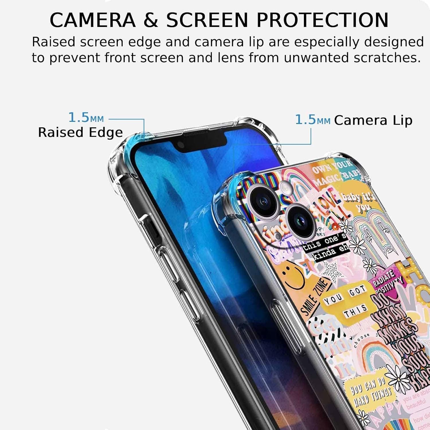 Funda con diseño de collage de citas positivas para iPhone 14 Plus, funda hippie de patrón estético indie para adolescentes y mujeres, funda única