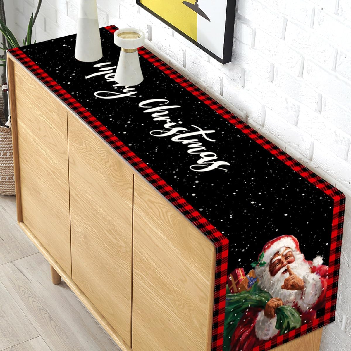 Camino de mesa de Navidad afroamericano, Papá Noel, invierno, fiesta, cocina, chimenea, comedor, decoración del hogar