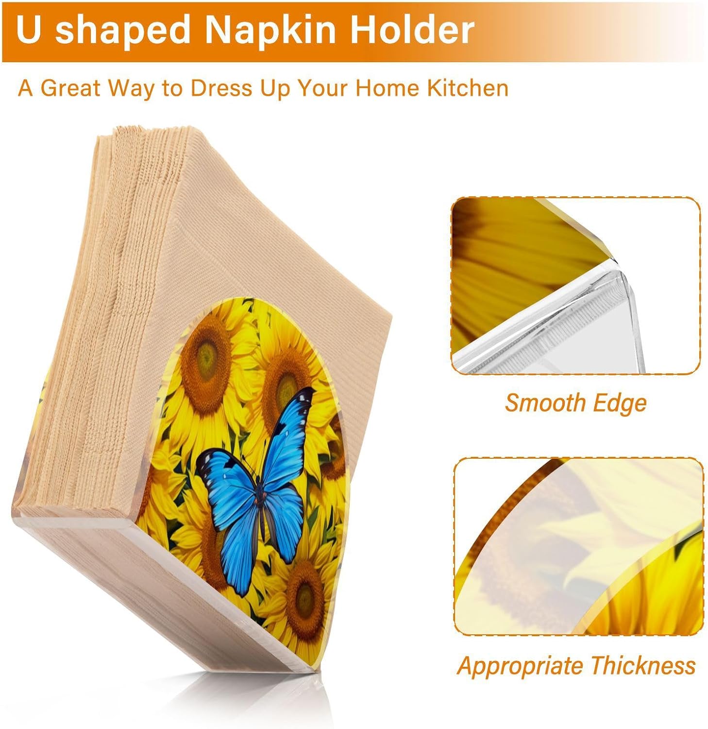 Sunflower Butterfly Acrylic Napkin Holder, Standing U-Shape Napkin Holder Non-Slip Paper Cocktail Napkins Holder for Tables Kitchen Restaurant Home
