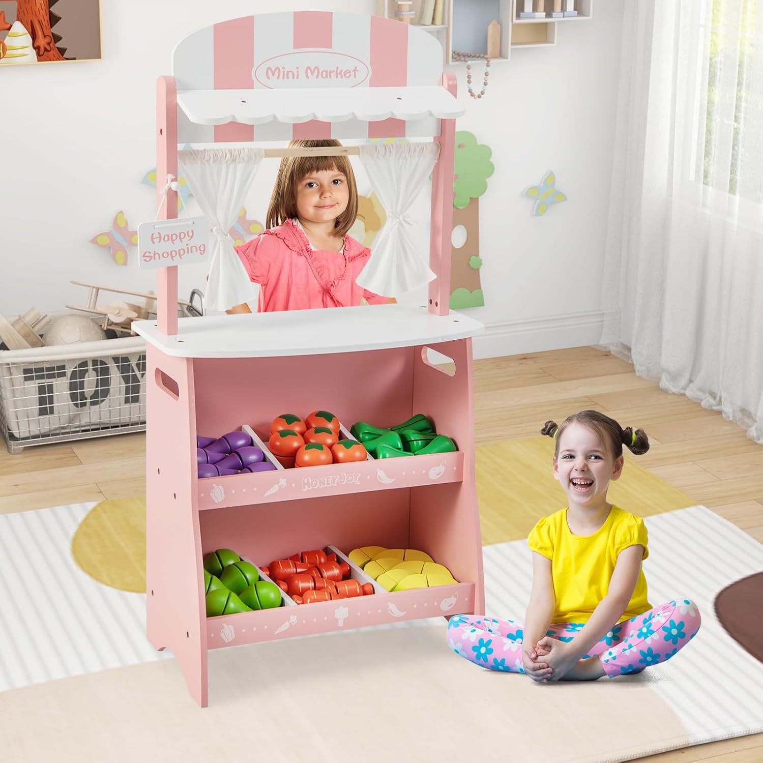 HONEY JOY Juego de tienda de comestibles para niños, soporte de madera para frutas con 36 accesorios para cortar alimentos y verduras, tienda de