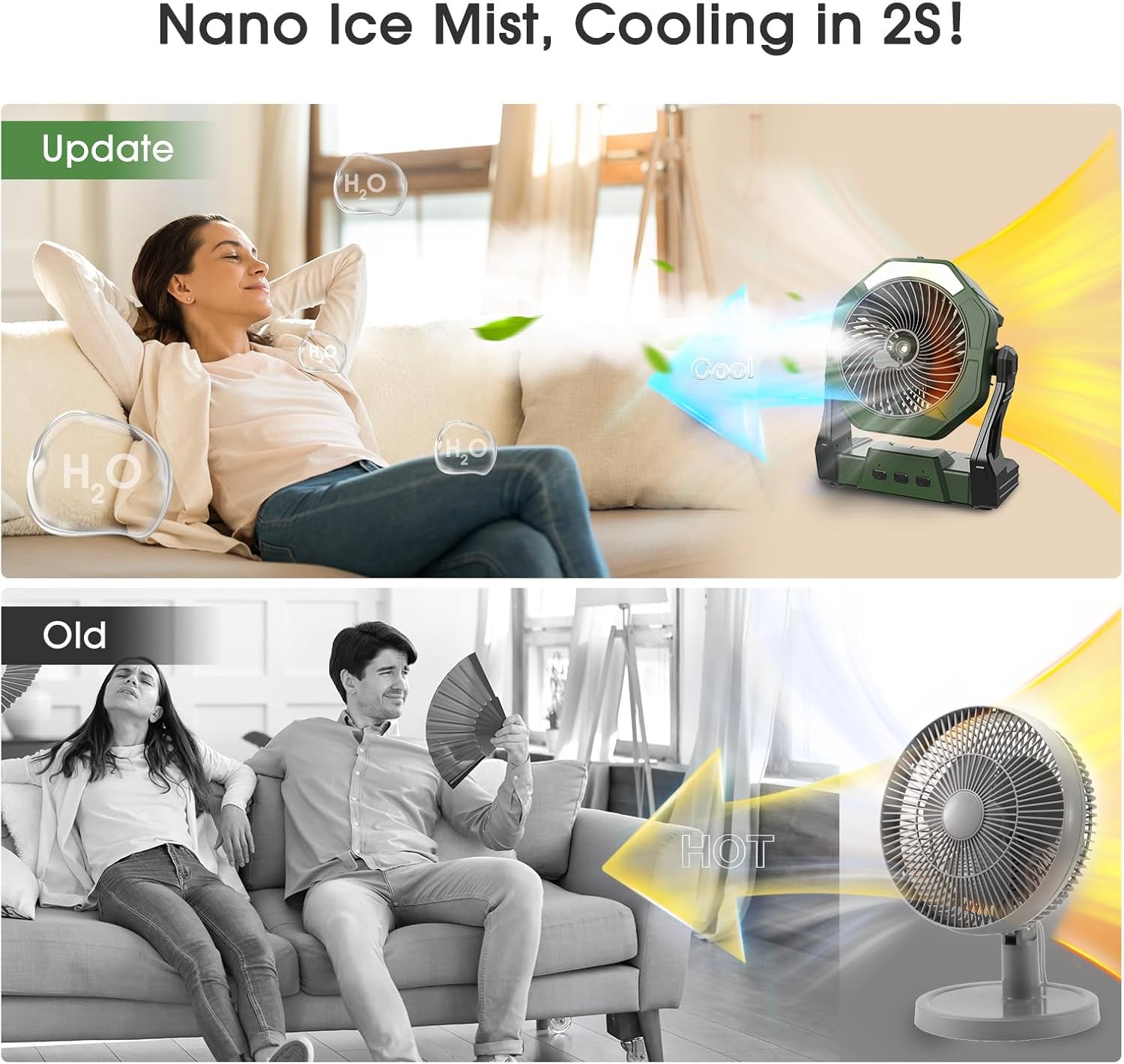 Ventilador solar de niebla de 10 W, ventilador de campamento de 10000 mAh portátil con panel solar y tanque de agua de 8.5 fl oz, ventilador de