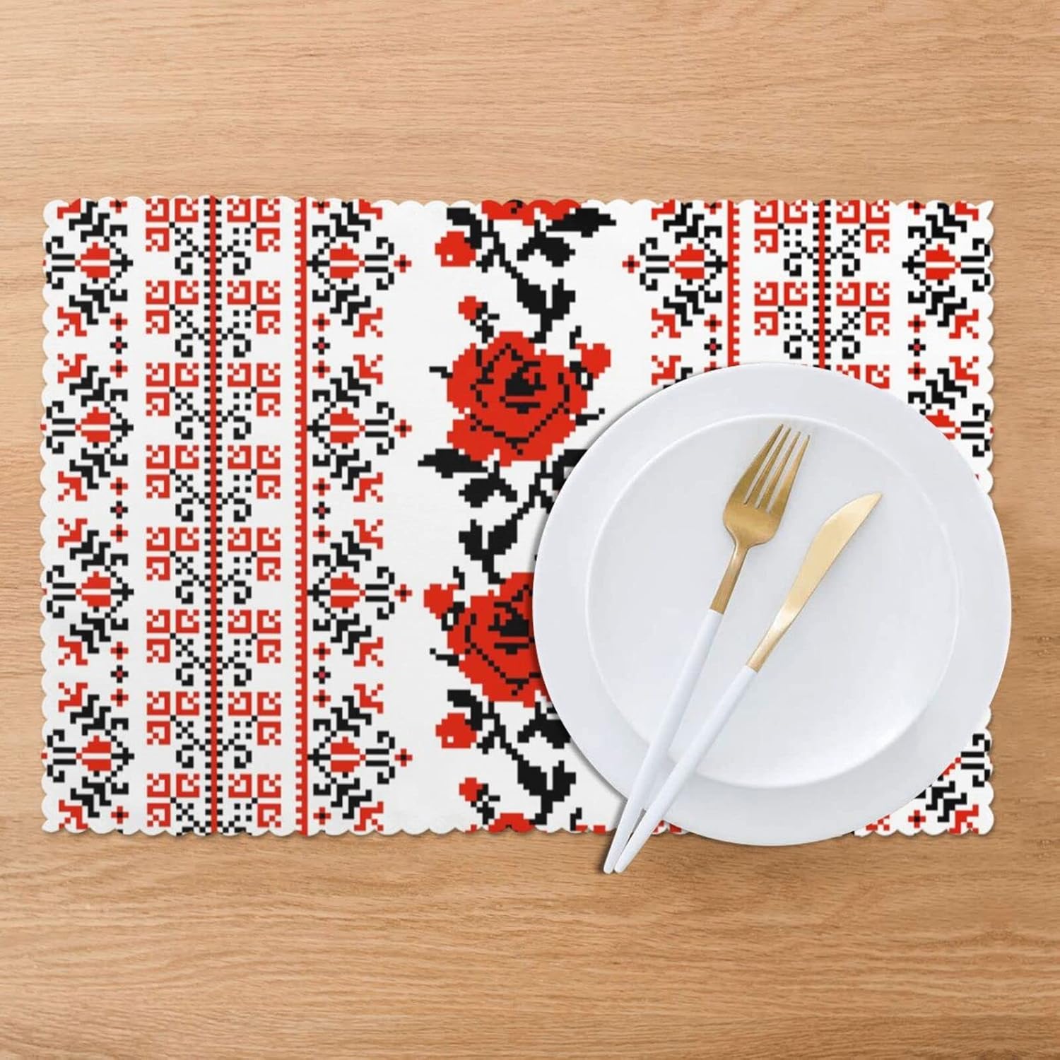 Juego de 6 manteles individuales estilo bordado ucraniano (poliéster), lavables, resistentes al calor, para comedor y cocina, 12 x 18 pulgadas.