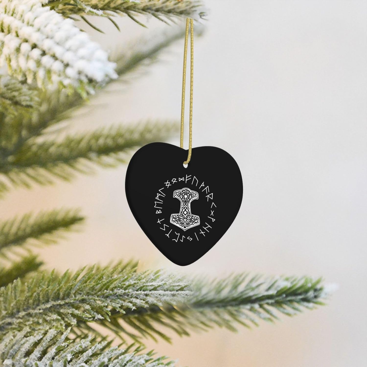 Vikings Mjolnir and Rune Wheel Norse Mythology Symbol Christmas Ornaments, Ceremic Ornaments Heart Shaped Porcelain Ornament Christmas Tree Home